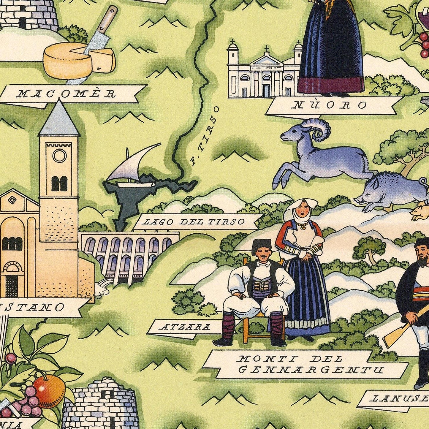 Map with illustrations of people, buildings, and animals on a green background
