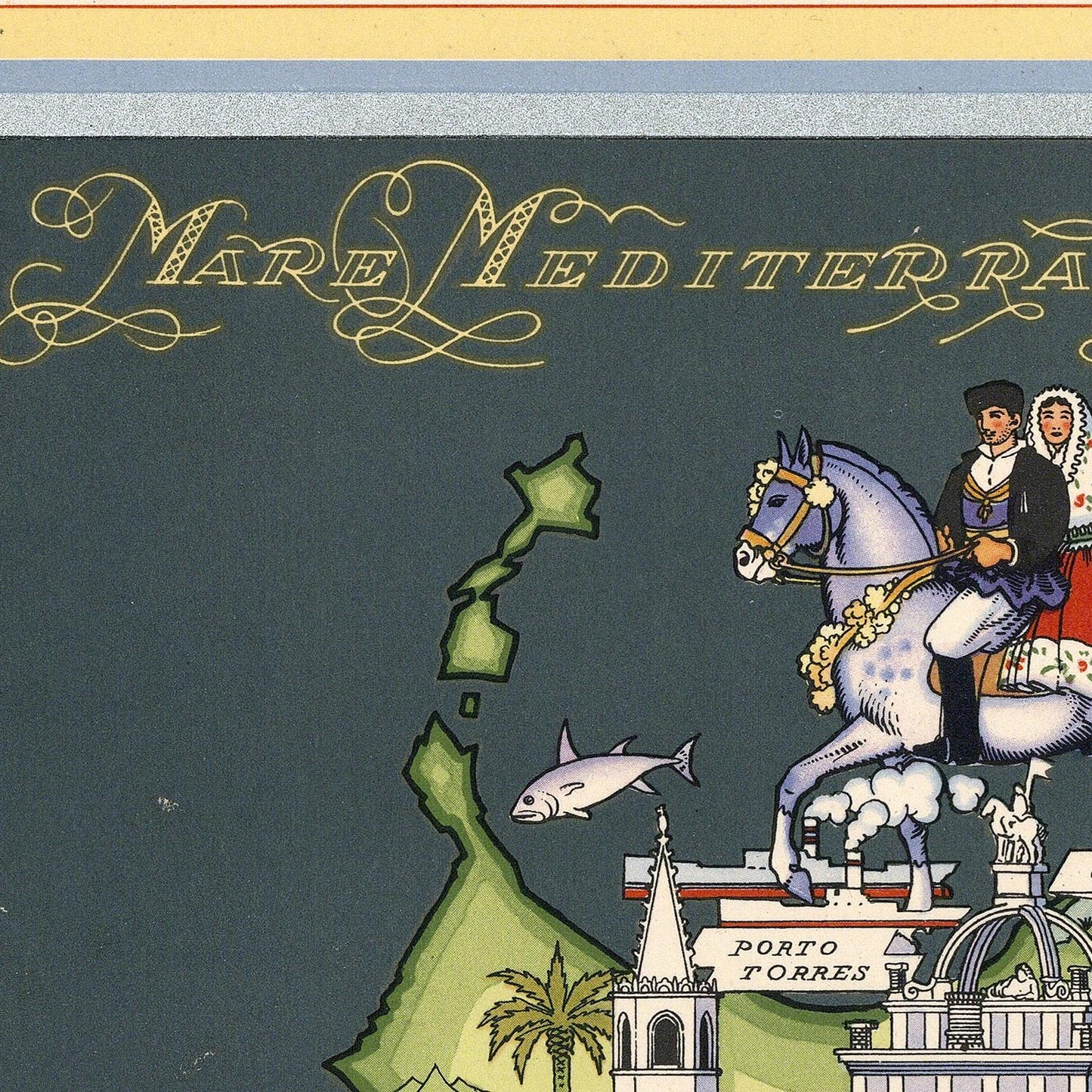 Decorative illustration with a horse, people, and text on a dark background