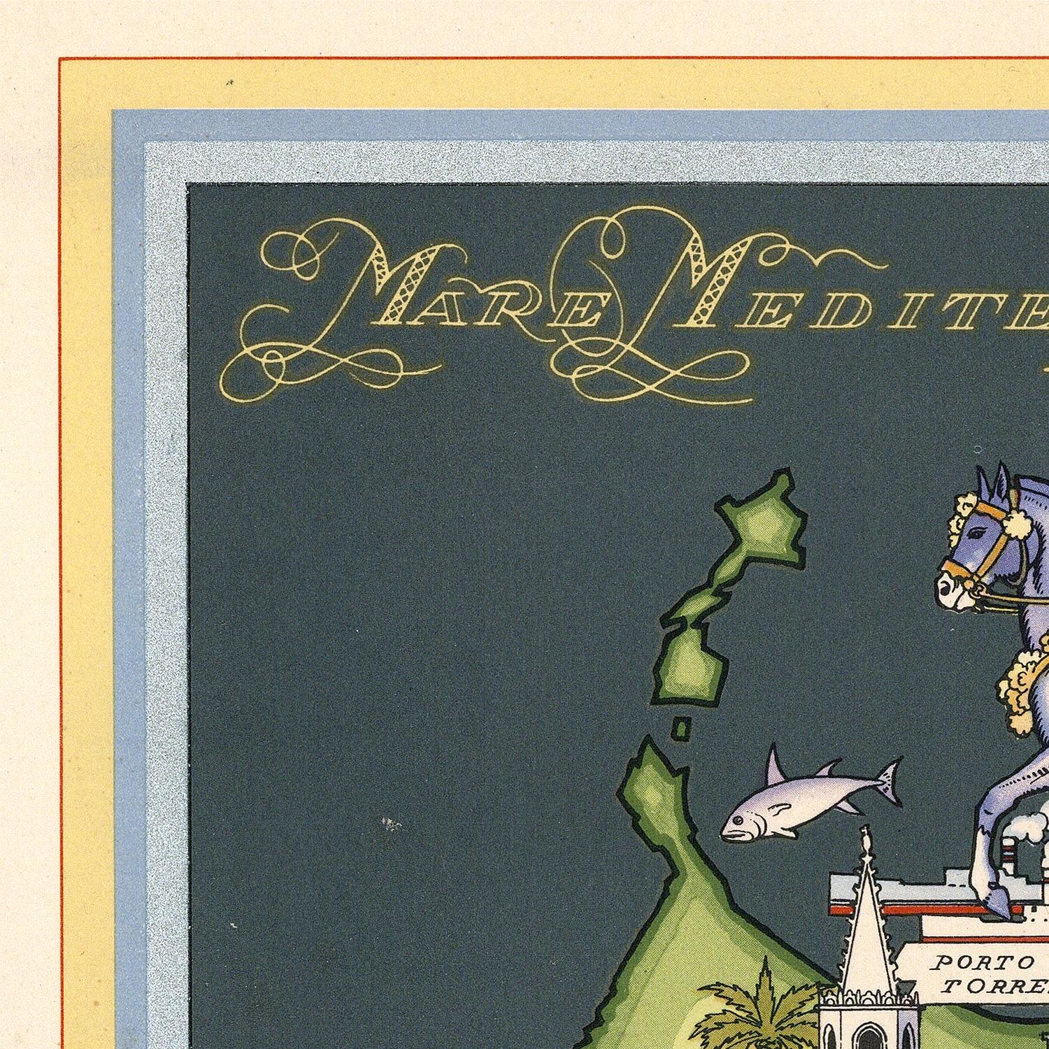 Decorative map of a coastal area with a horse and text on a blue background