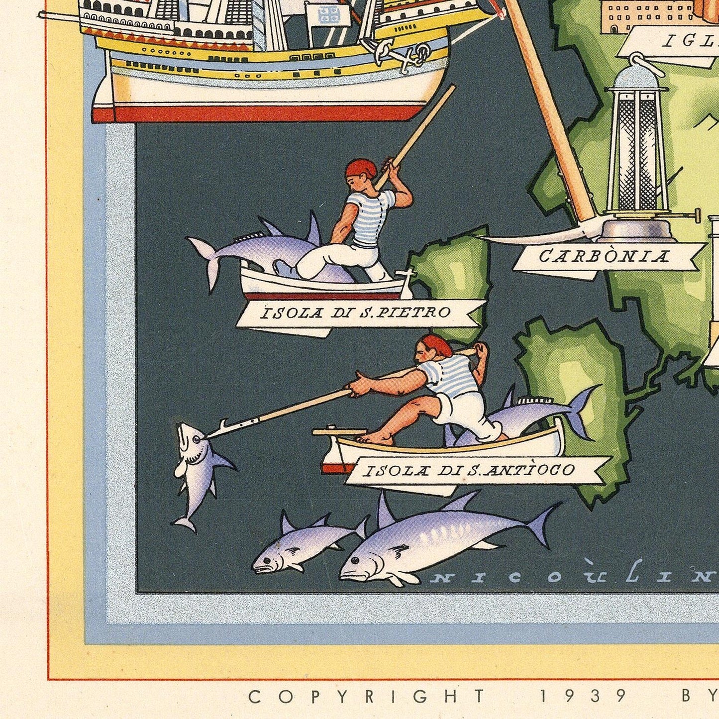 Old pictorial map of Sardinia, 1950