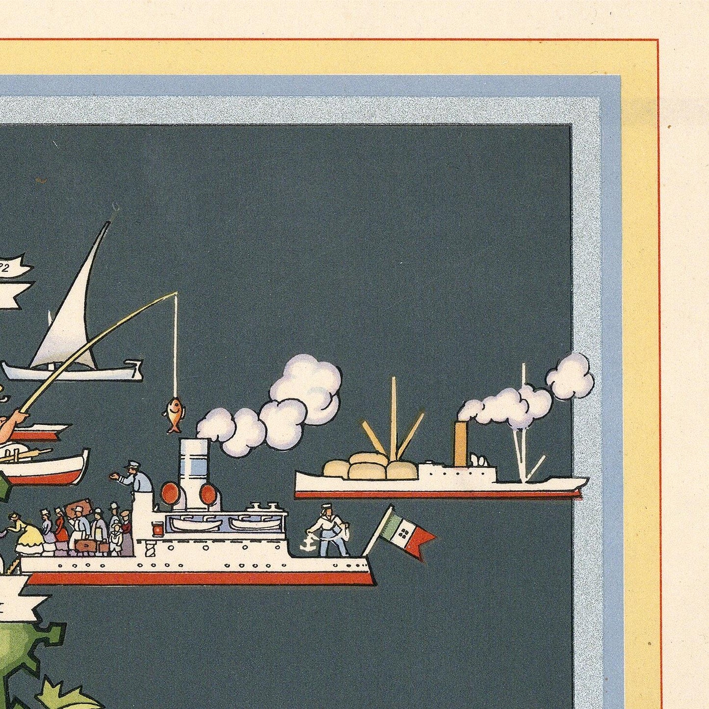 Illustration of a steamboat and other ships on a dark blue background with a decorative border.