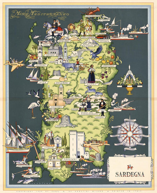 Decorative map of Sardinia with illustrations on a dark blue background