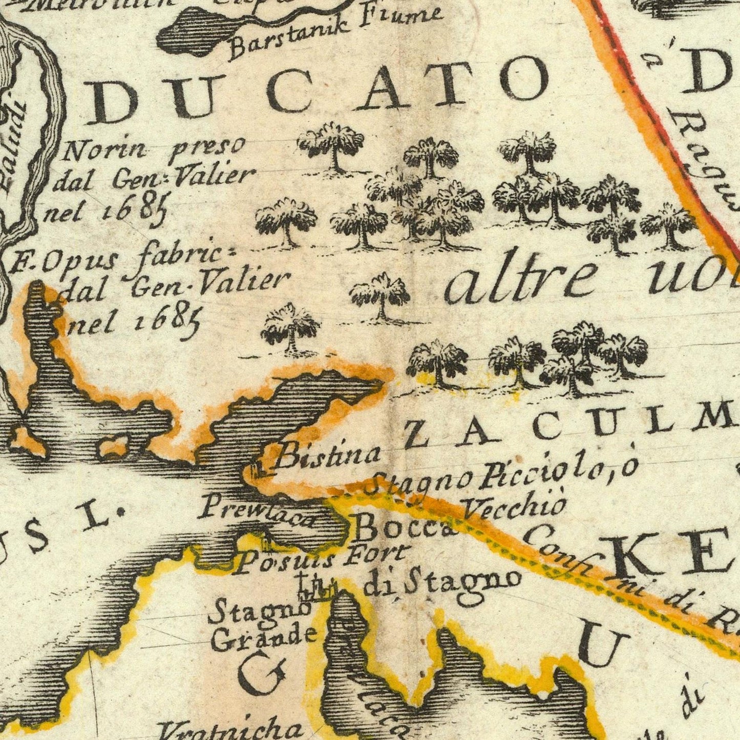 Vintage map detail with text and tree illustrations