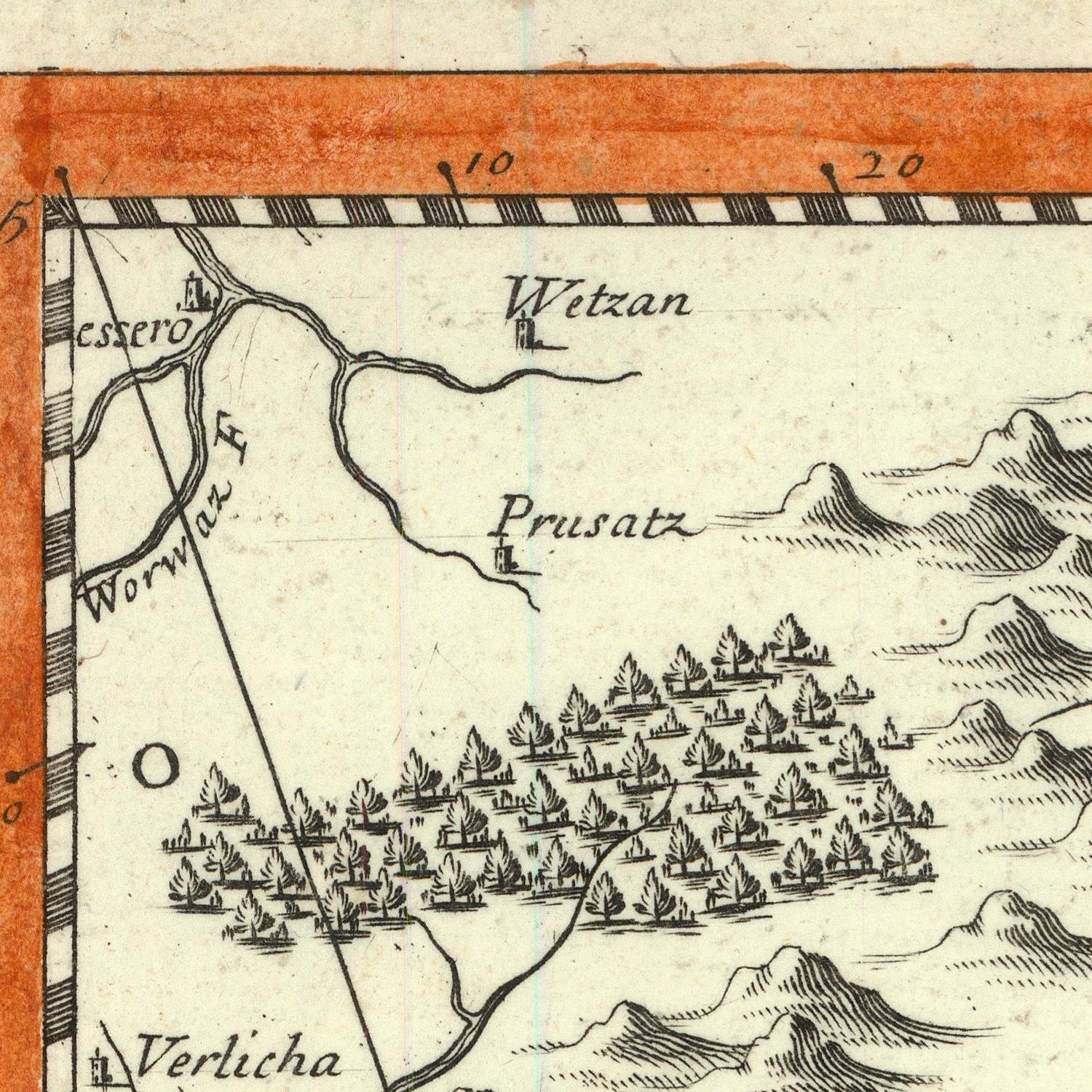 Vintage map with labeled places including Witzan, Prusatz, and Verlich, featuring topographic details.