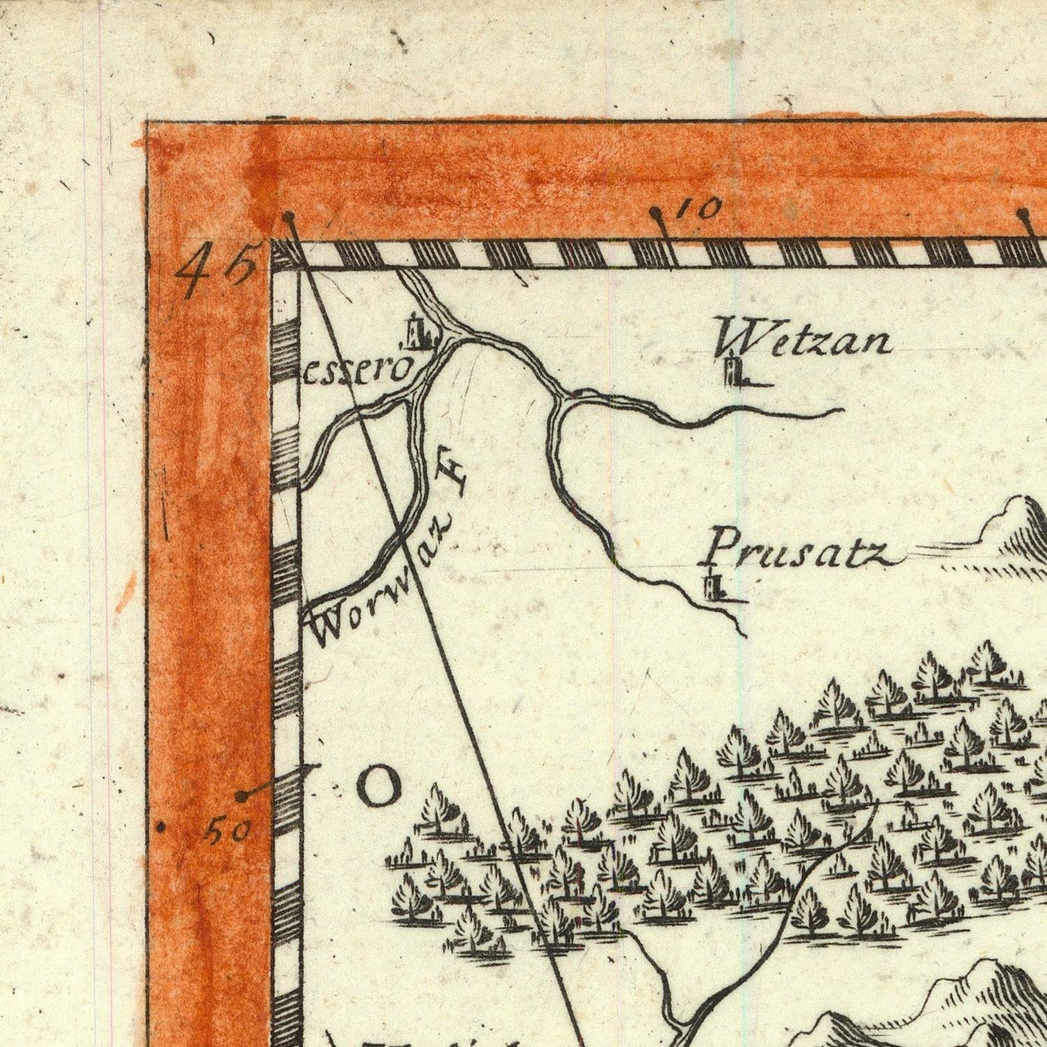 Vintage map section with labeled places including 'Witzen', 'Prusatz', and 'Worwag'.