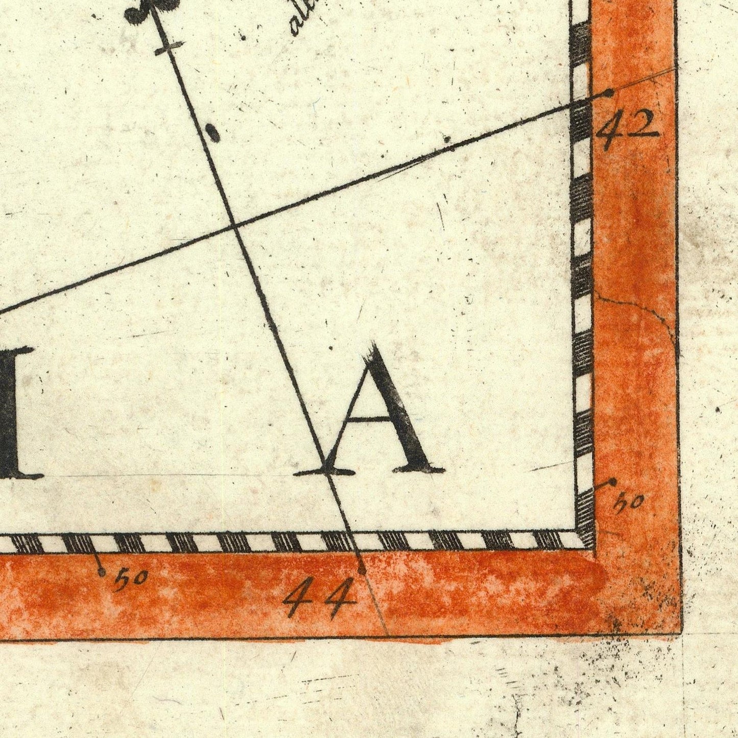 Close-up of a geometric diagram with lines and measurements on a textured paper background