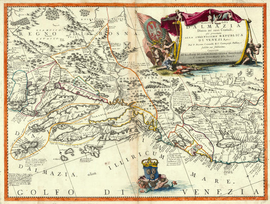 Vintage map of Dalmatia with decorative elements and a coat of arms.