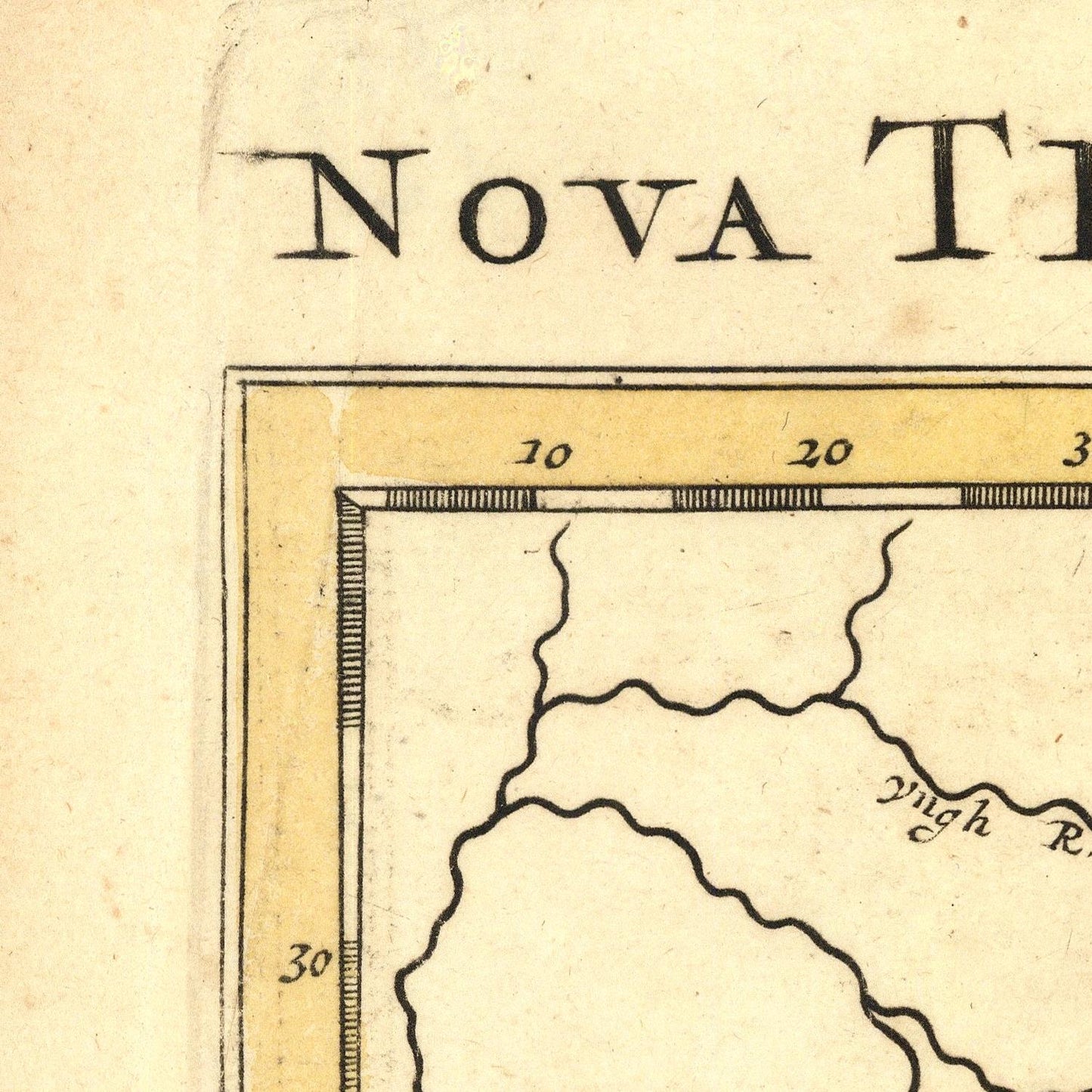 Vintage map detail with 'Nova' text and a partially visible map on a yellowed paper background.