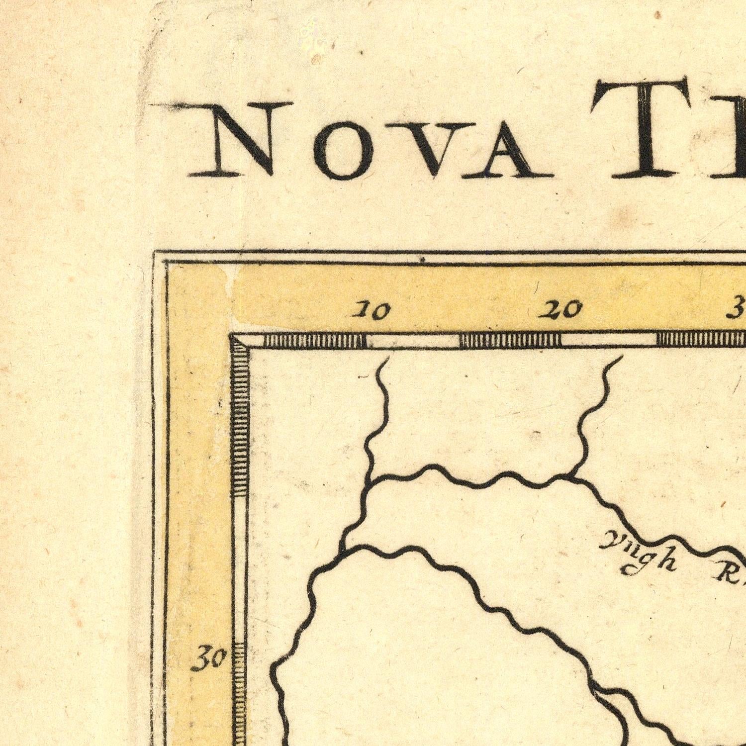 Vintage map detail with 'Nova' text and a partially visible map on a yellowed paper background.