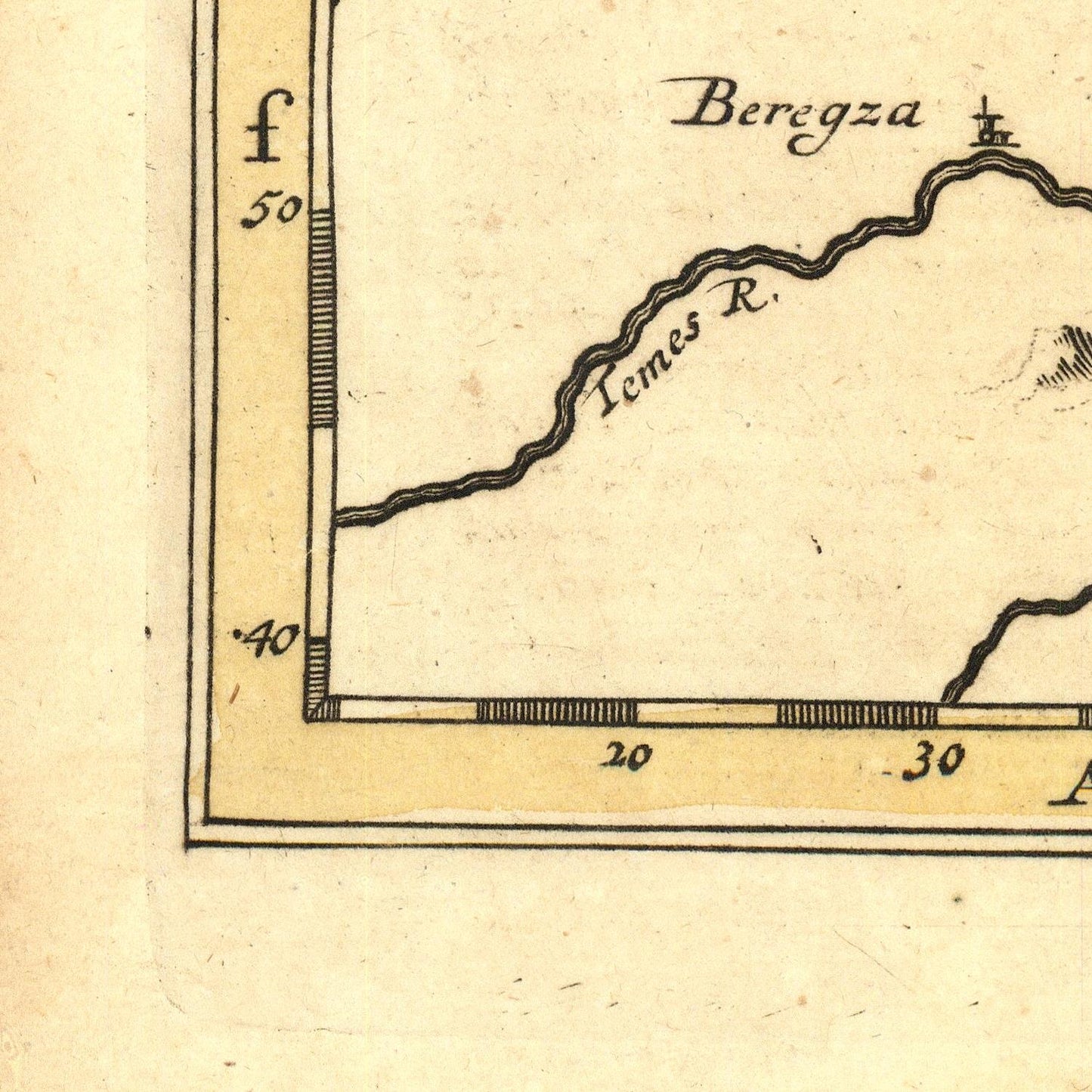 Vintage map detail with 'Beregza' and 'Temes R.' labels on a beige background