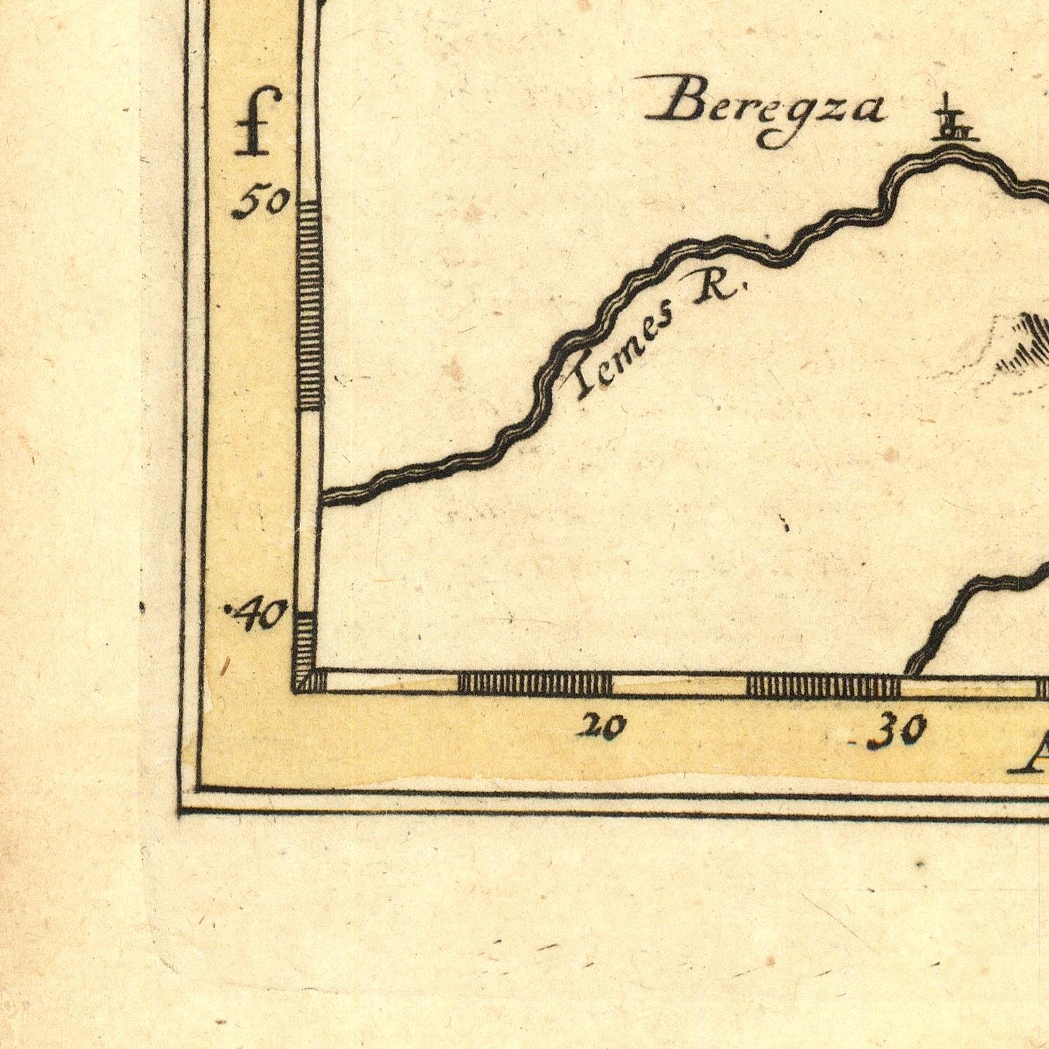Vintage map detail with 'Beregza' and 'Temes R.' labels on a beige background