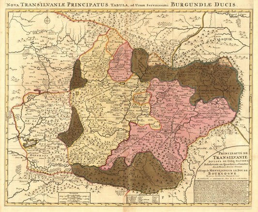 Vintage map of Transylvania with different regions colored in various shades.