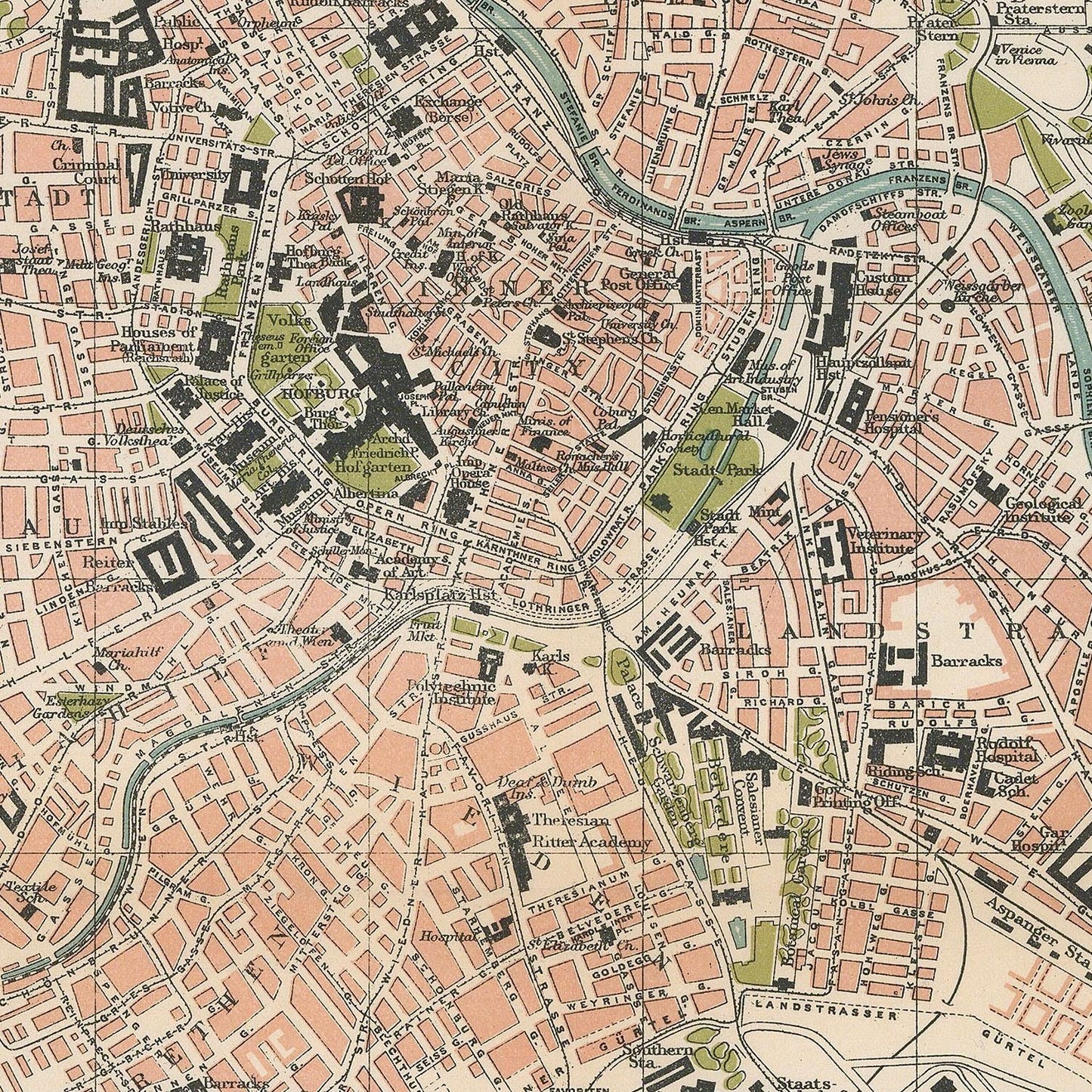 Vintage map of a city with detailed streets and landmarks