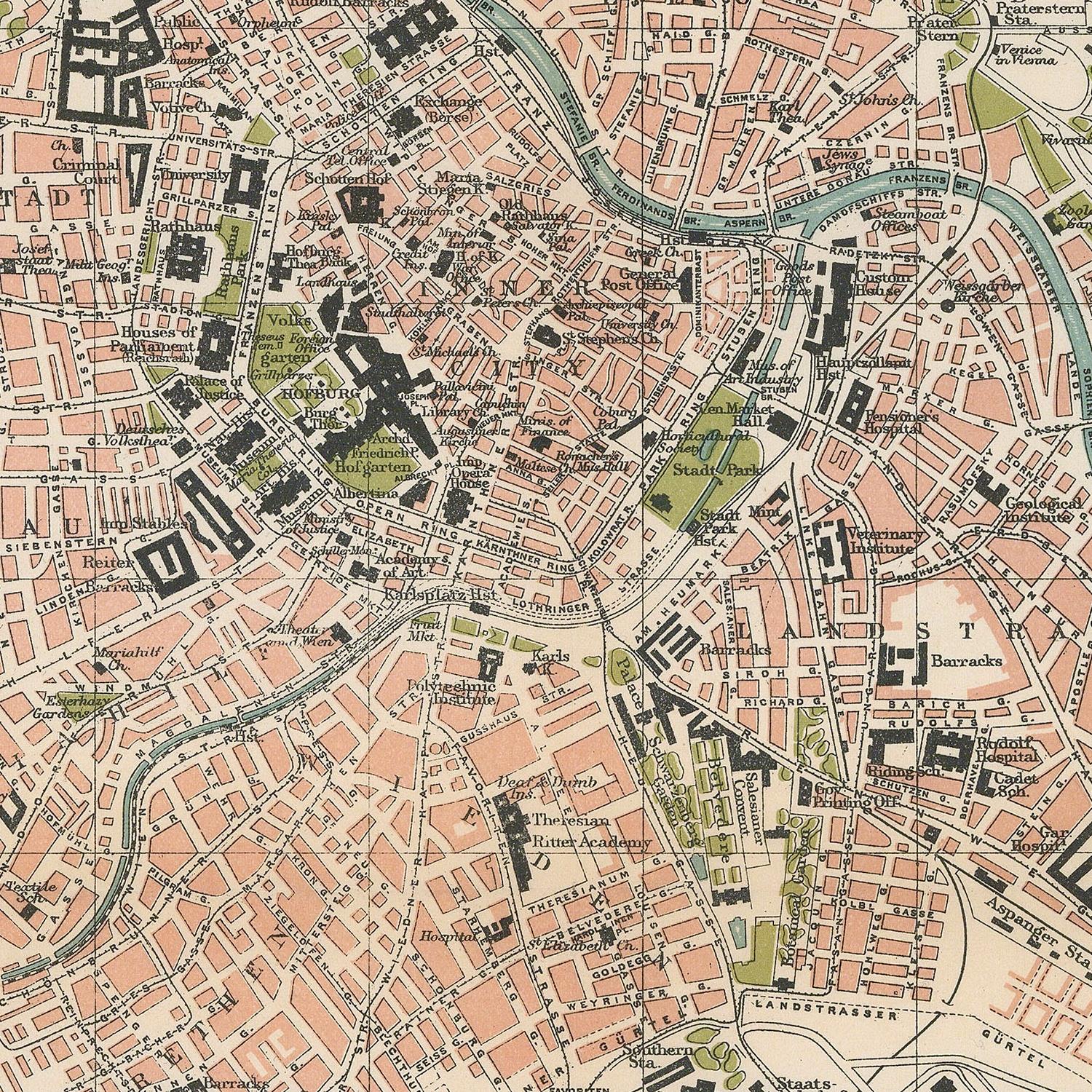 Vintage map of a city with detailed streets and landmarks
