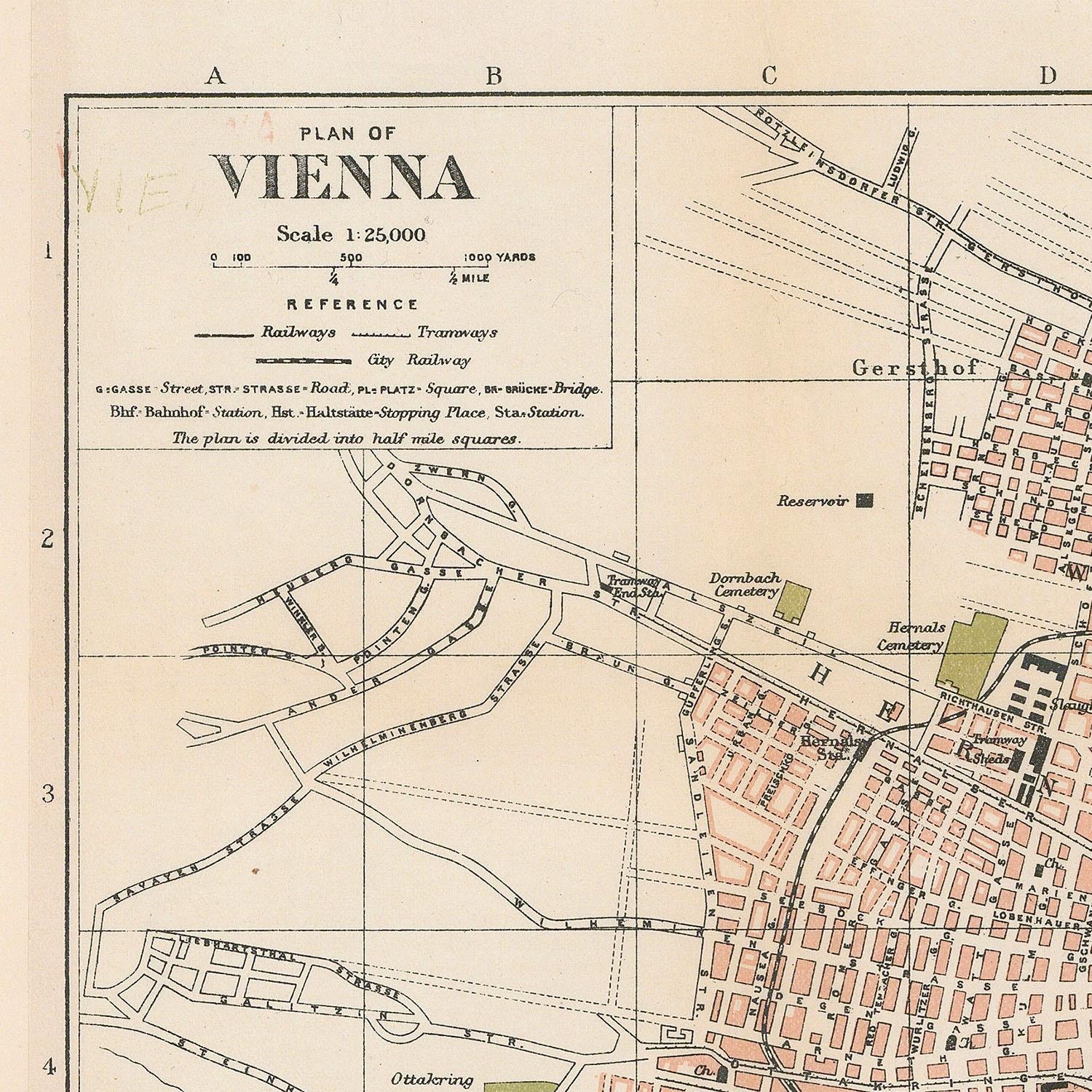 Vintage map of Vienna with labeled streets and landmarks