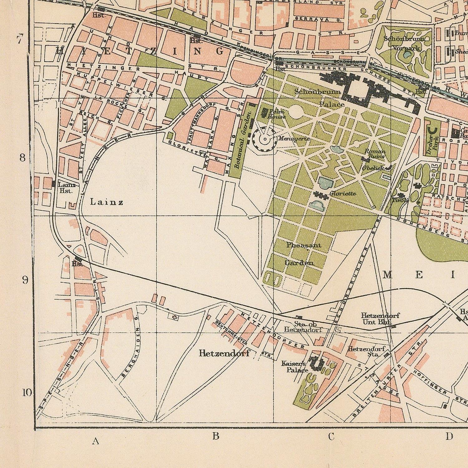 Vintage map of a city layout with labeled streets and areas