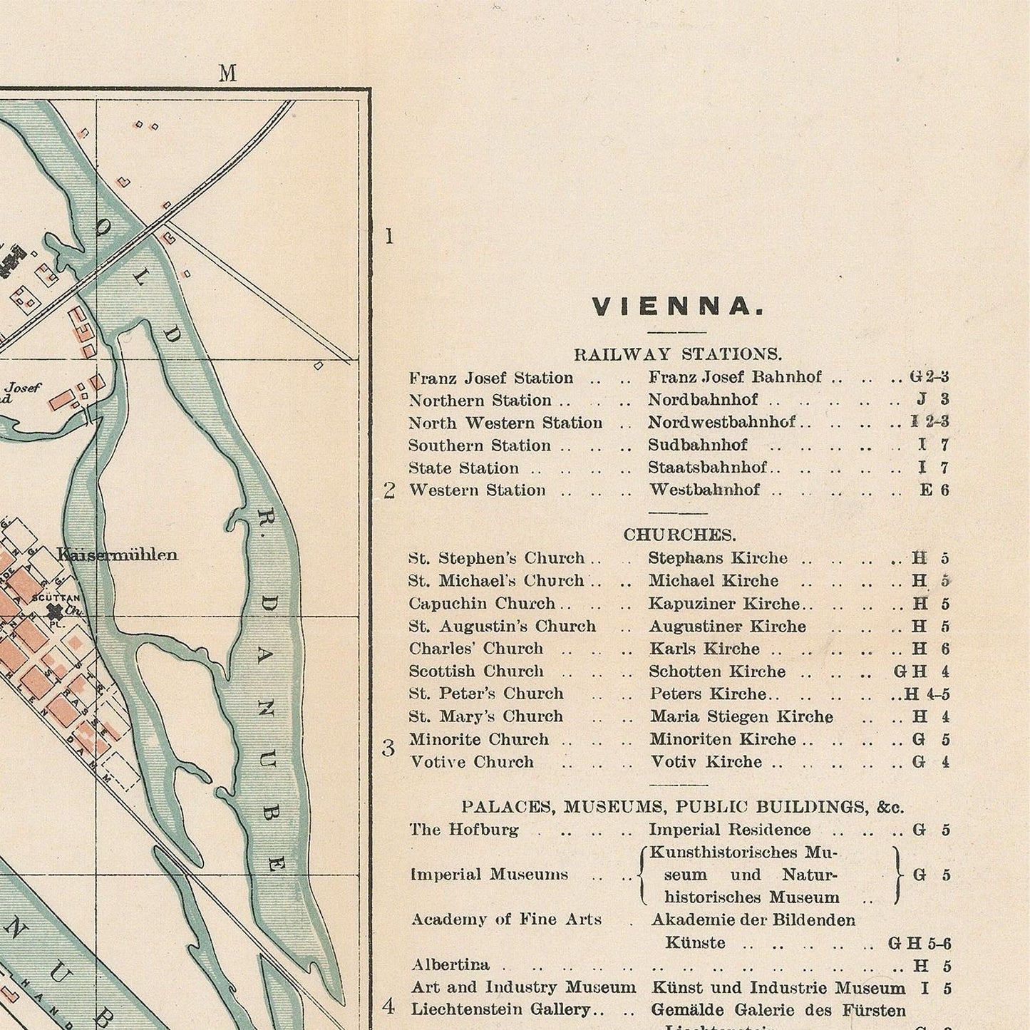 Vintage map of Vienna with railway stations and landmarks listed