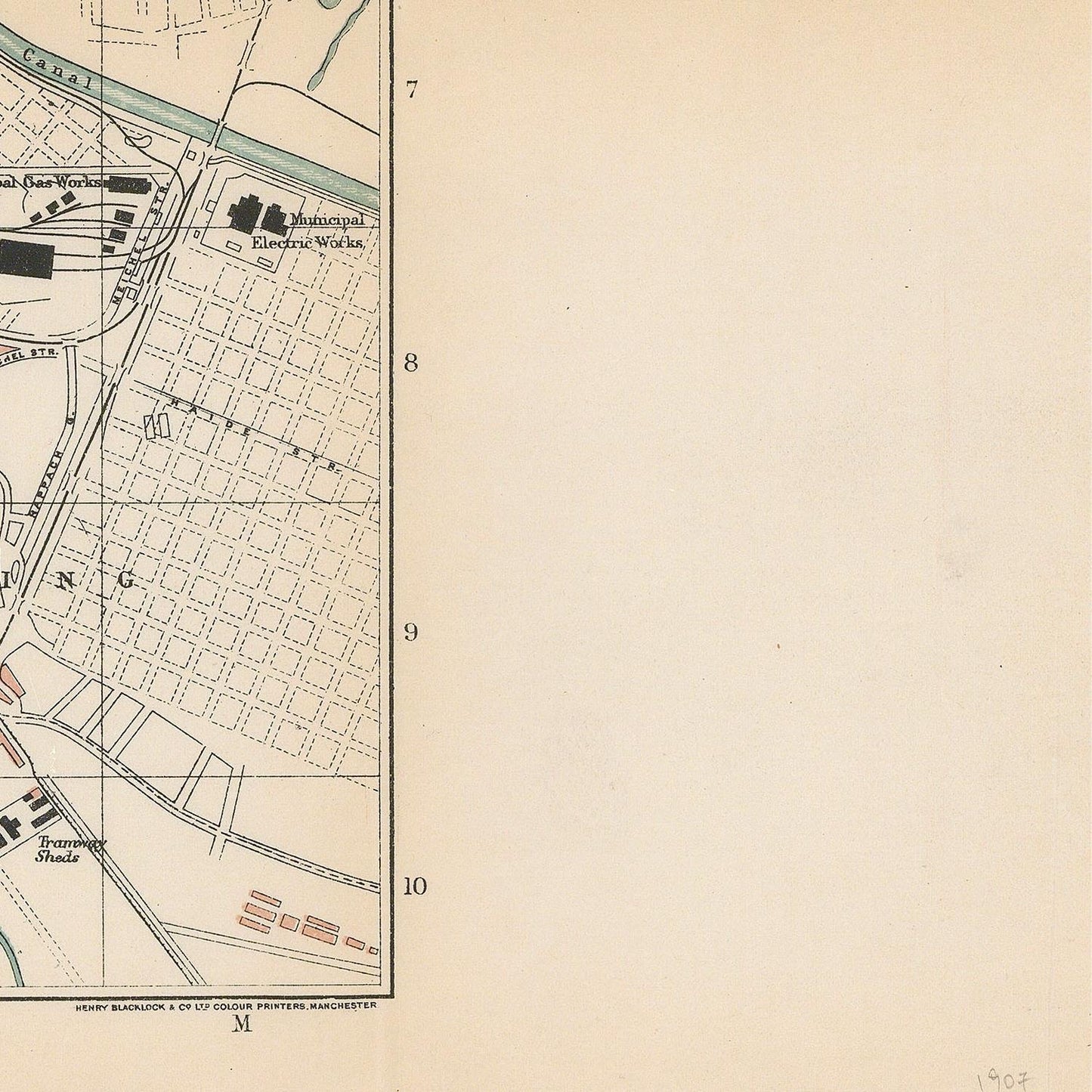 Vintage map of a city layout with grid and labeled streets on a beige background