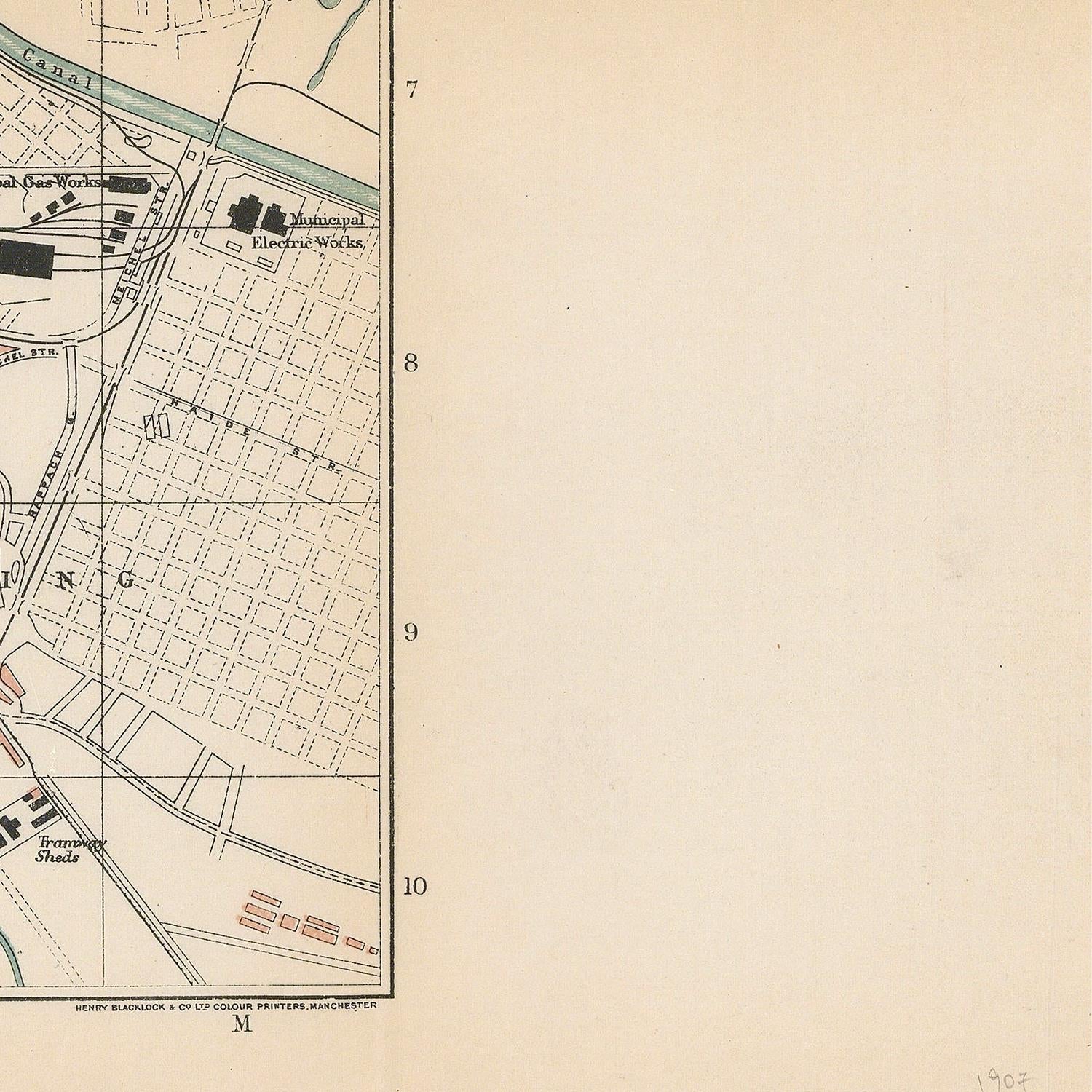 Vintage map of a city layout with grid and labeled streets on a beige background
