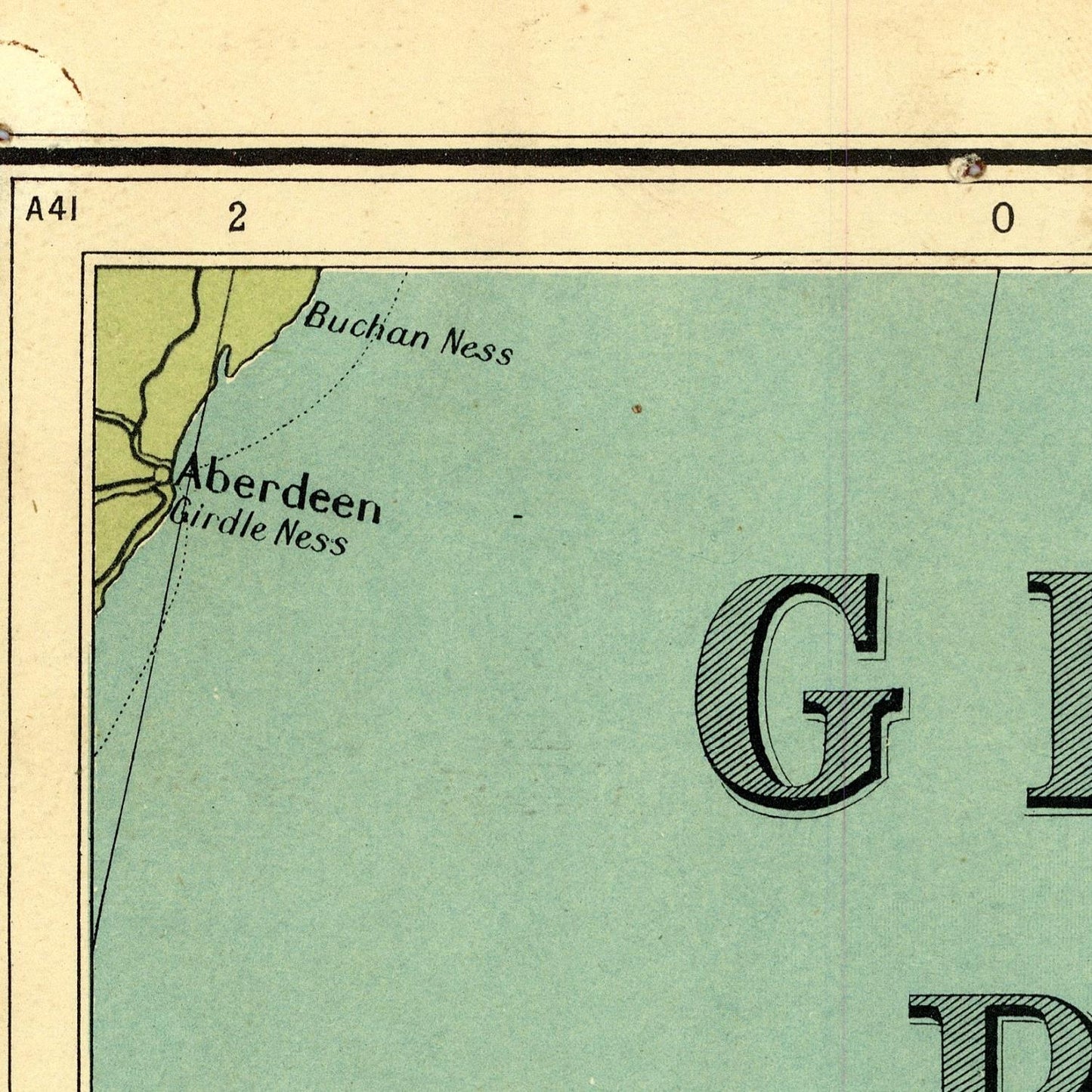 Vintage map section with 'Aberdeen' and 'Buchan Ness' labels on a light green background.