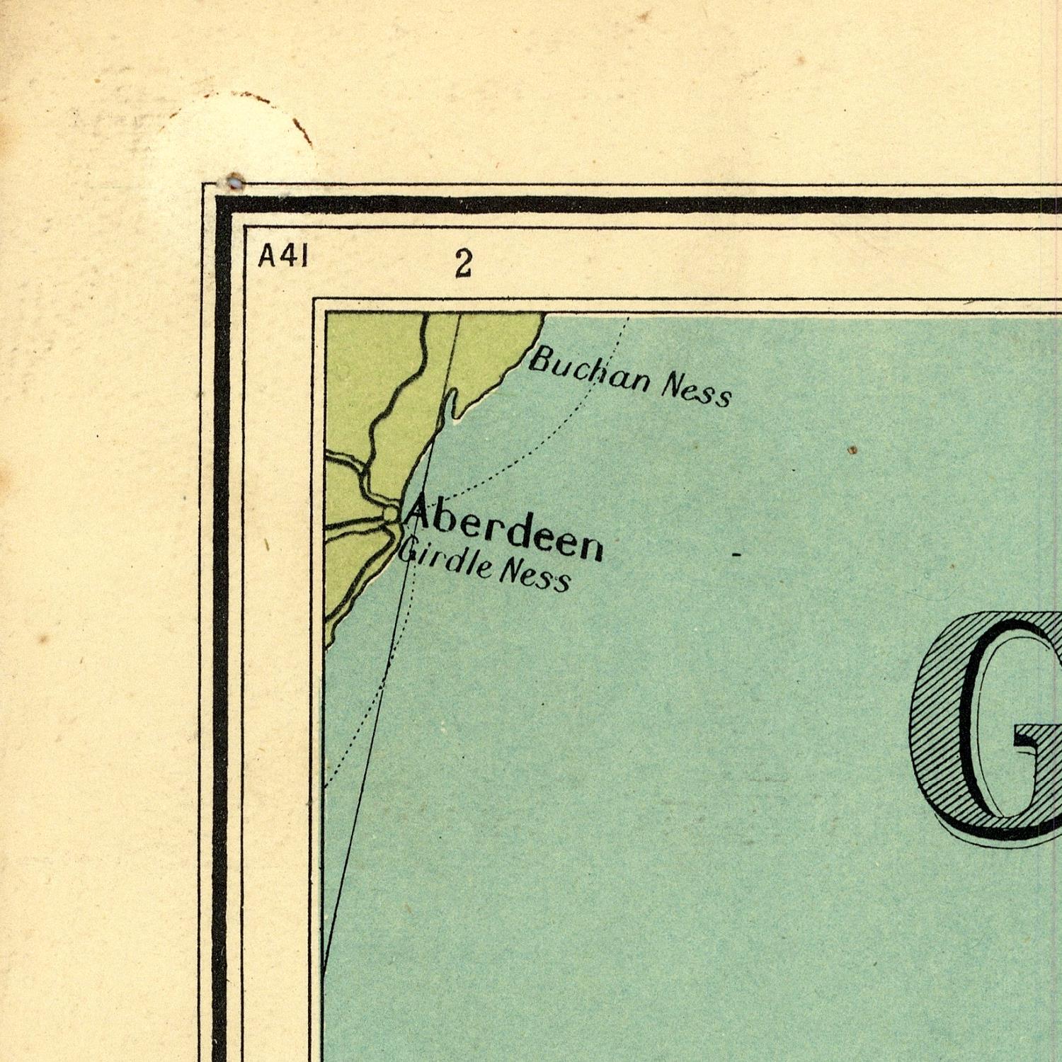 Vintage map section with 'Aberdeen' and 'Buchan Ness' labels on a light green background.