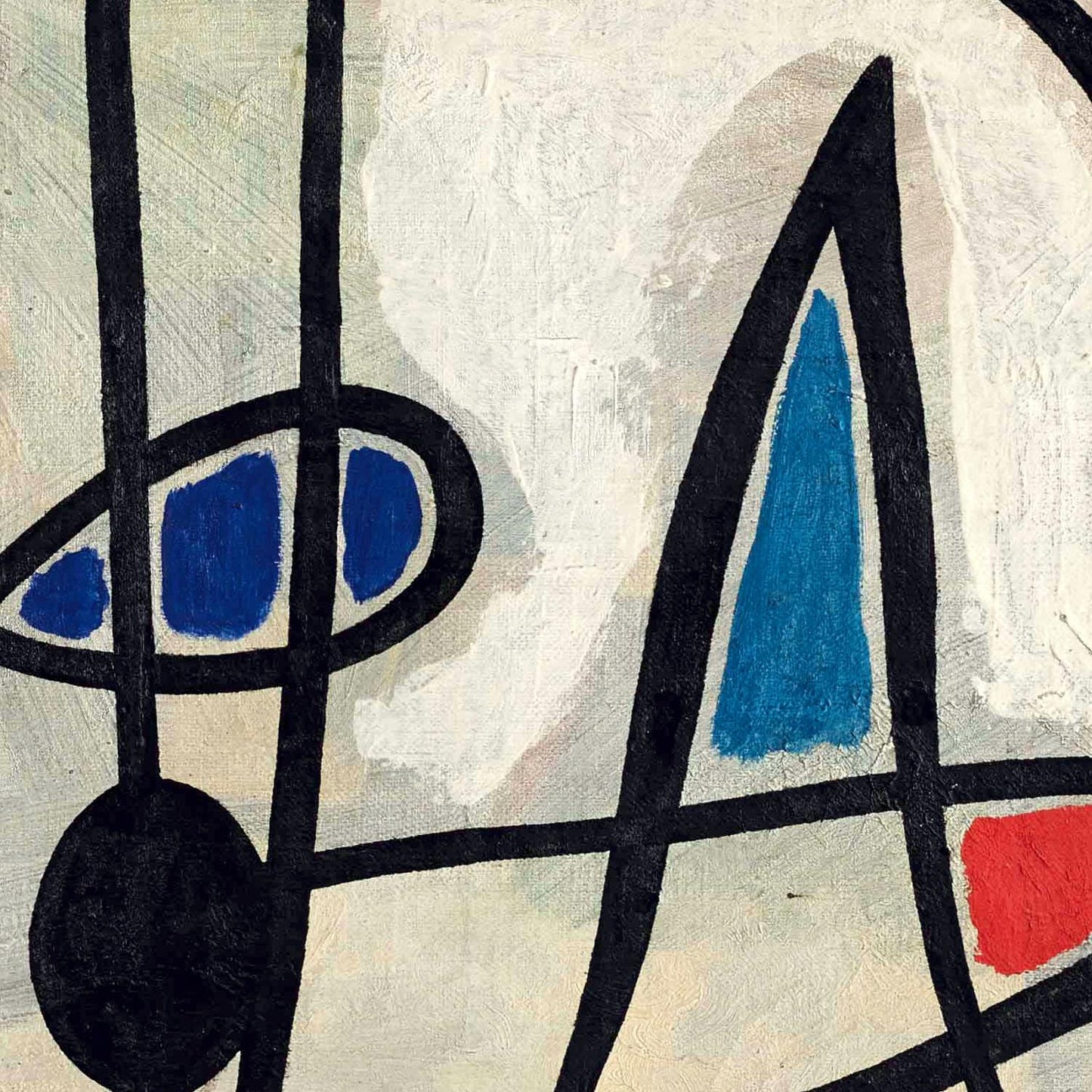 Abstract art with black, blue, and red shapes on a textured beige background