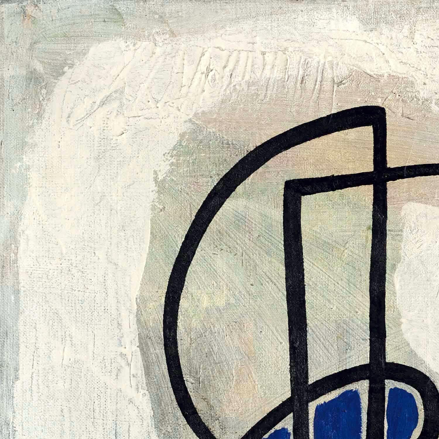 Abstract art with black and blue shapes on a textured beige background