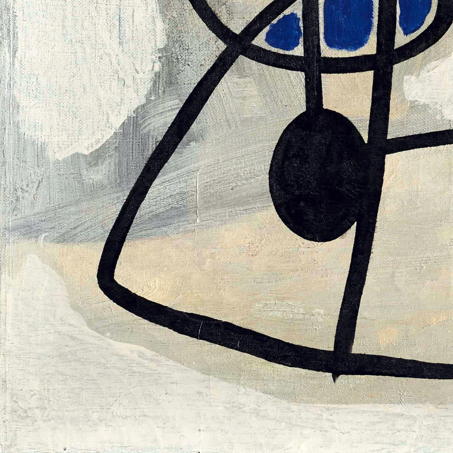Abstract art with black and blue shapes on a textured beige background