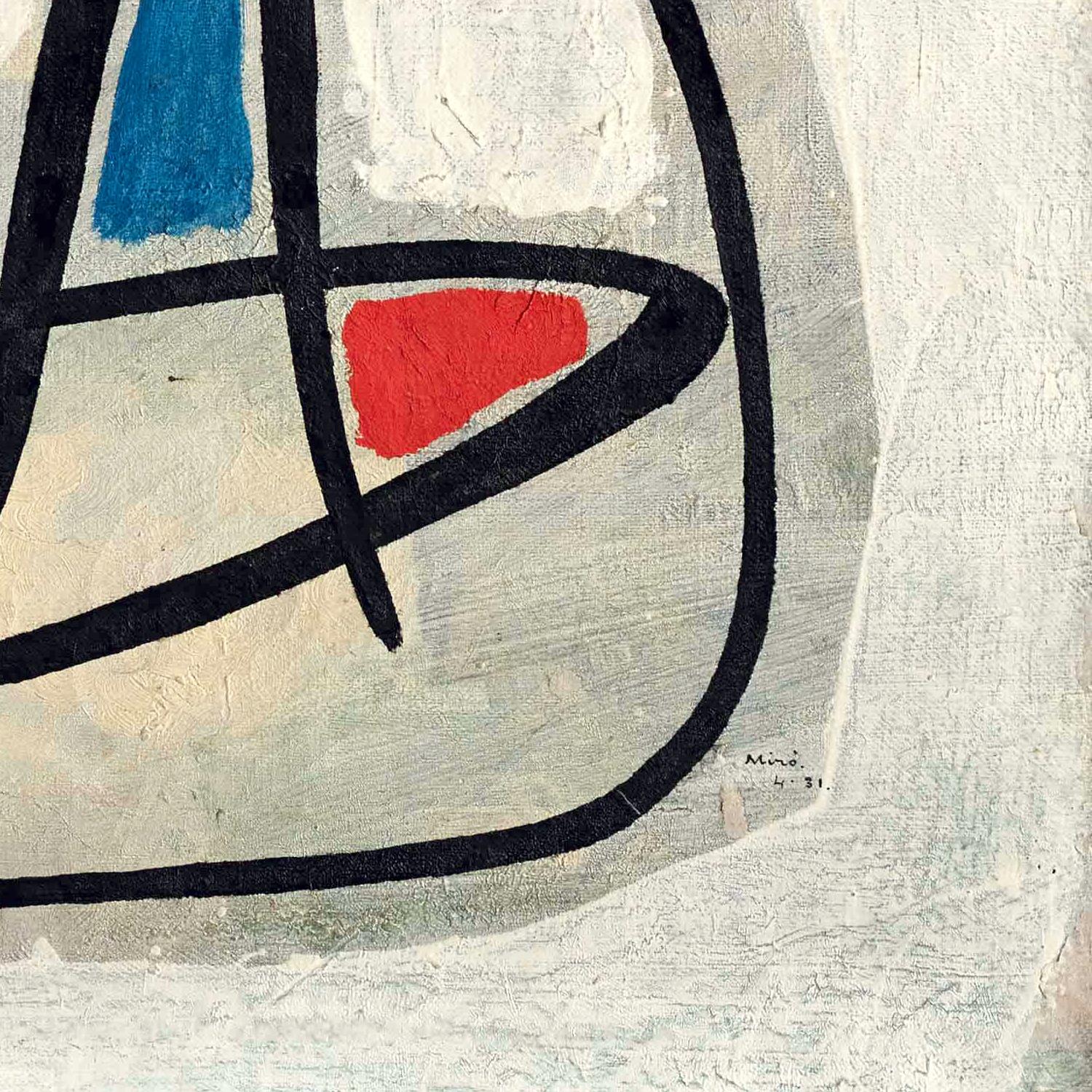 Abstract artwork with black, red, and blue shapes on a textured gray background