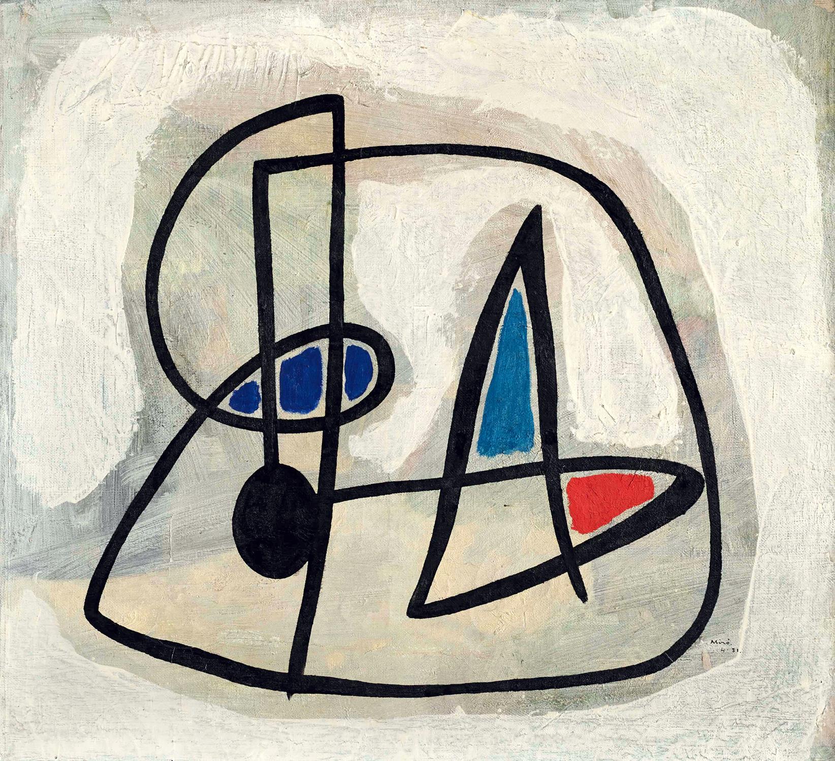 Abstract artwork with black, blue, and red shapes on a light gray background