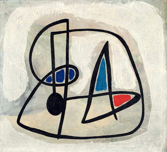 Abstract artwork with black, blue, and red shapes on a light gray background