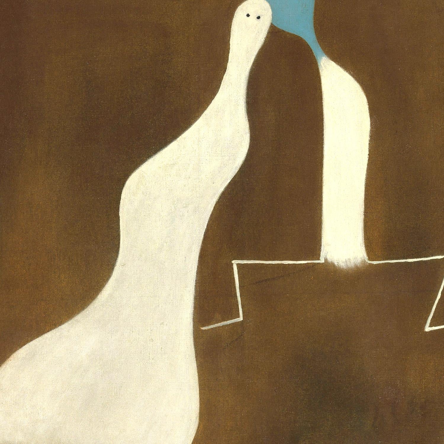 Abstract art with white and blue shapes on a brown background