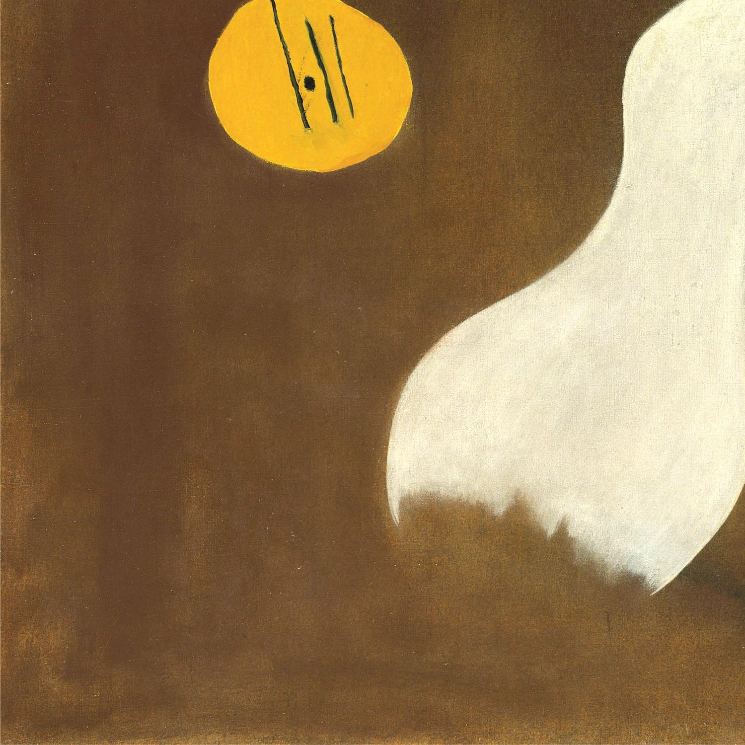 Abstract art with a yellow circle and black lines on a brown background