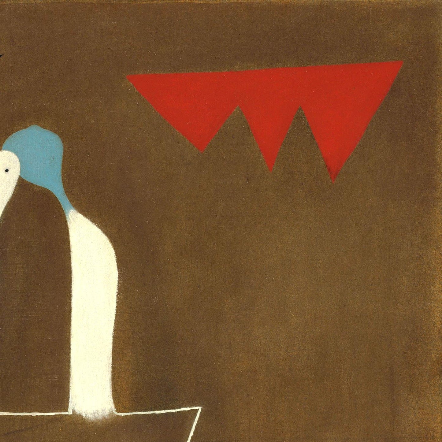Abstract artwork with a white figure, blue head, and red triangles on a brown background
