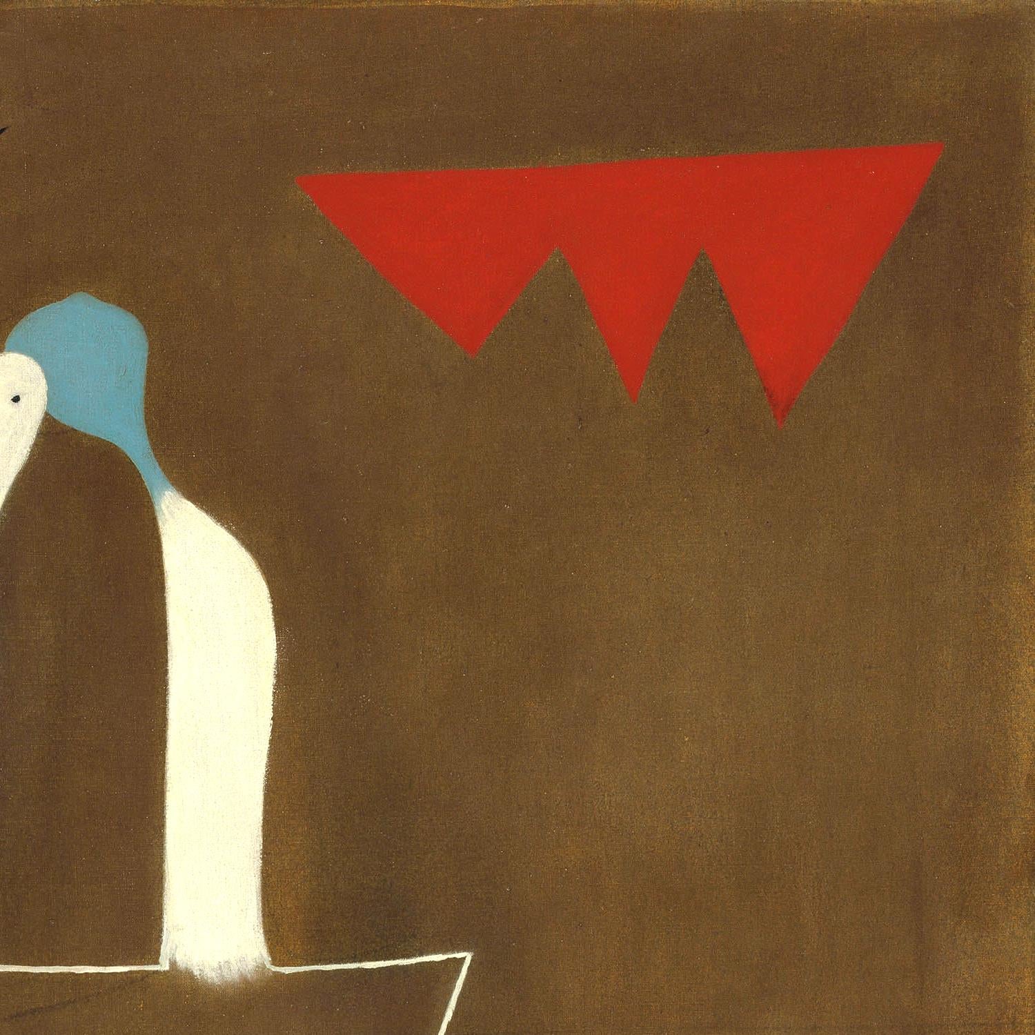 Abstract artwork with a white figure, blue head, and red triangles on a brown background