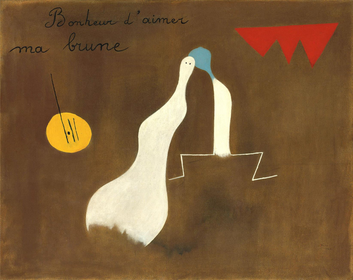 Abstract artwork with two white figures, a yellow circle, and red shapes on a brown background.