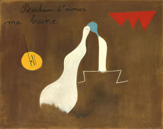 Abstract artwork with two white figures, a yellow circle, and red shapes on a brown background.