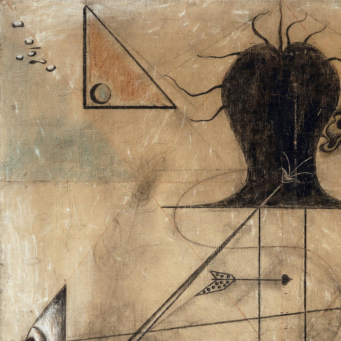 Abstract artwork with geometric shapes and lines on a textured beige background
