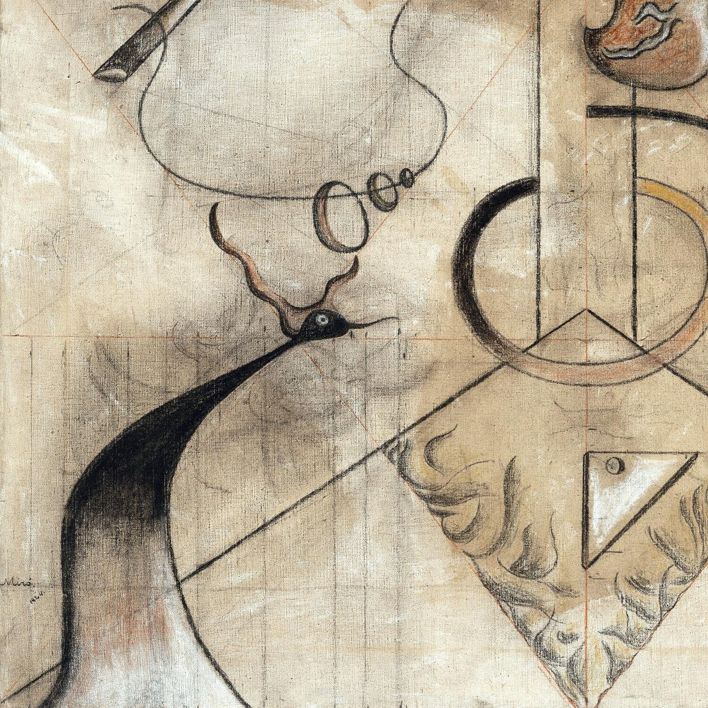 Abstract artwork with geometric shapes and lines on a textured beige background