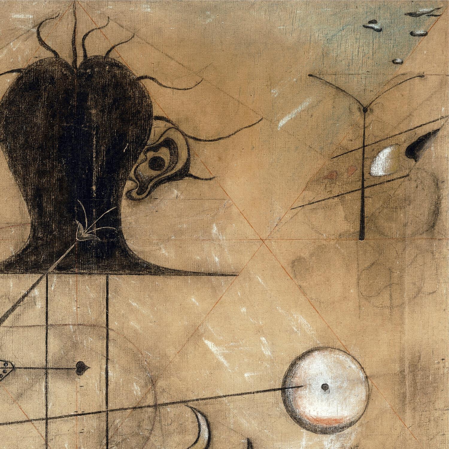Abstract artwork with geometric shapes and lines on a beige background