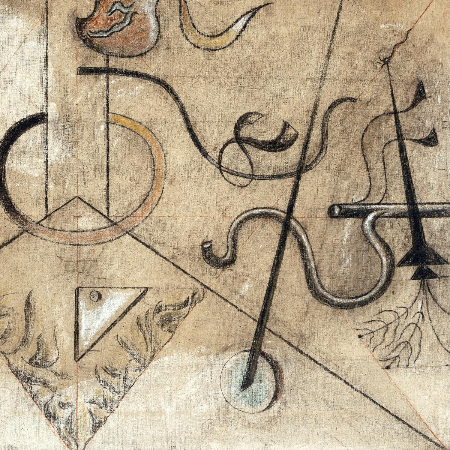 Decorative design with stylized letters and geometric shapes on a textured beige background