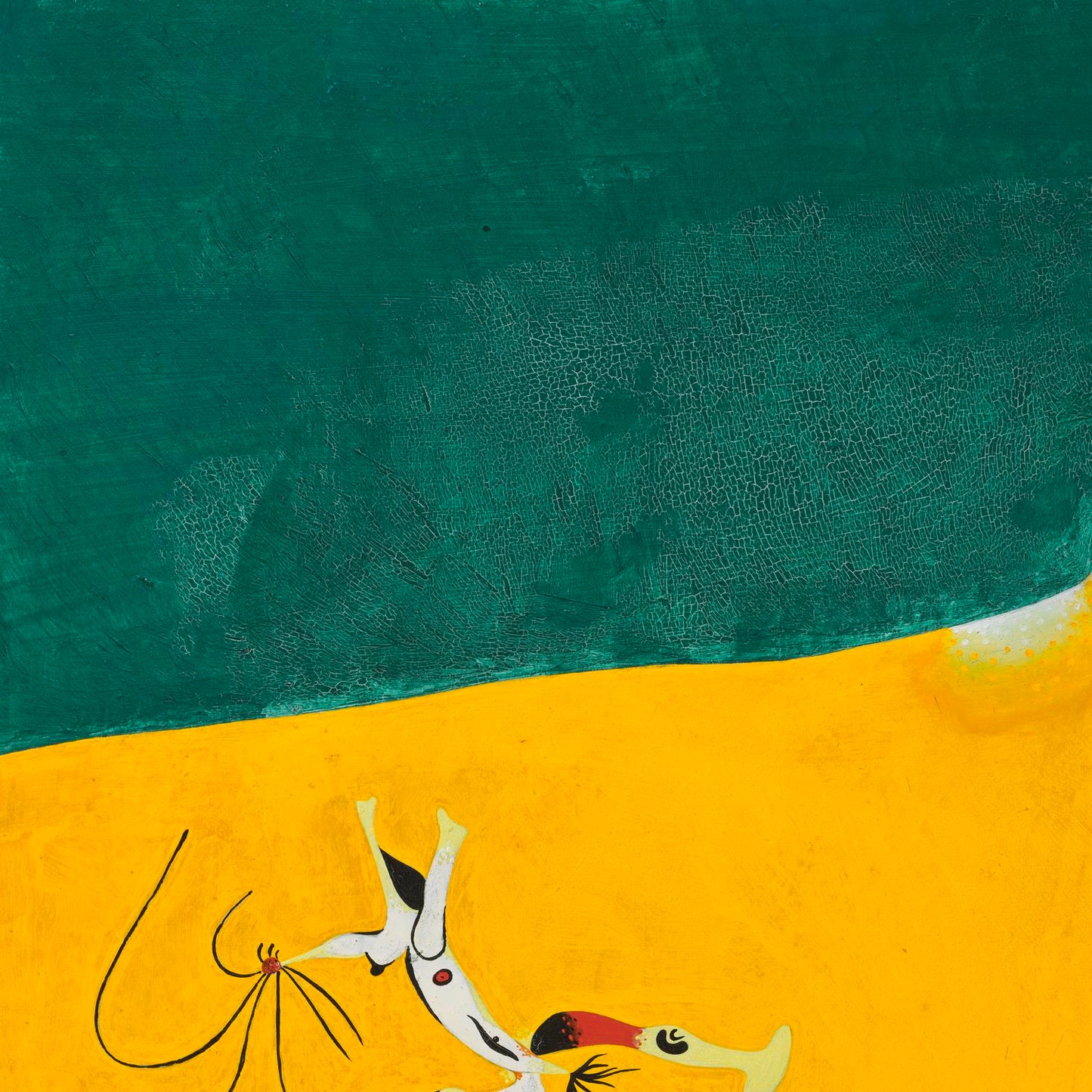 Abstract artwork with a cat and bird on a yellow and teal background