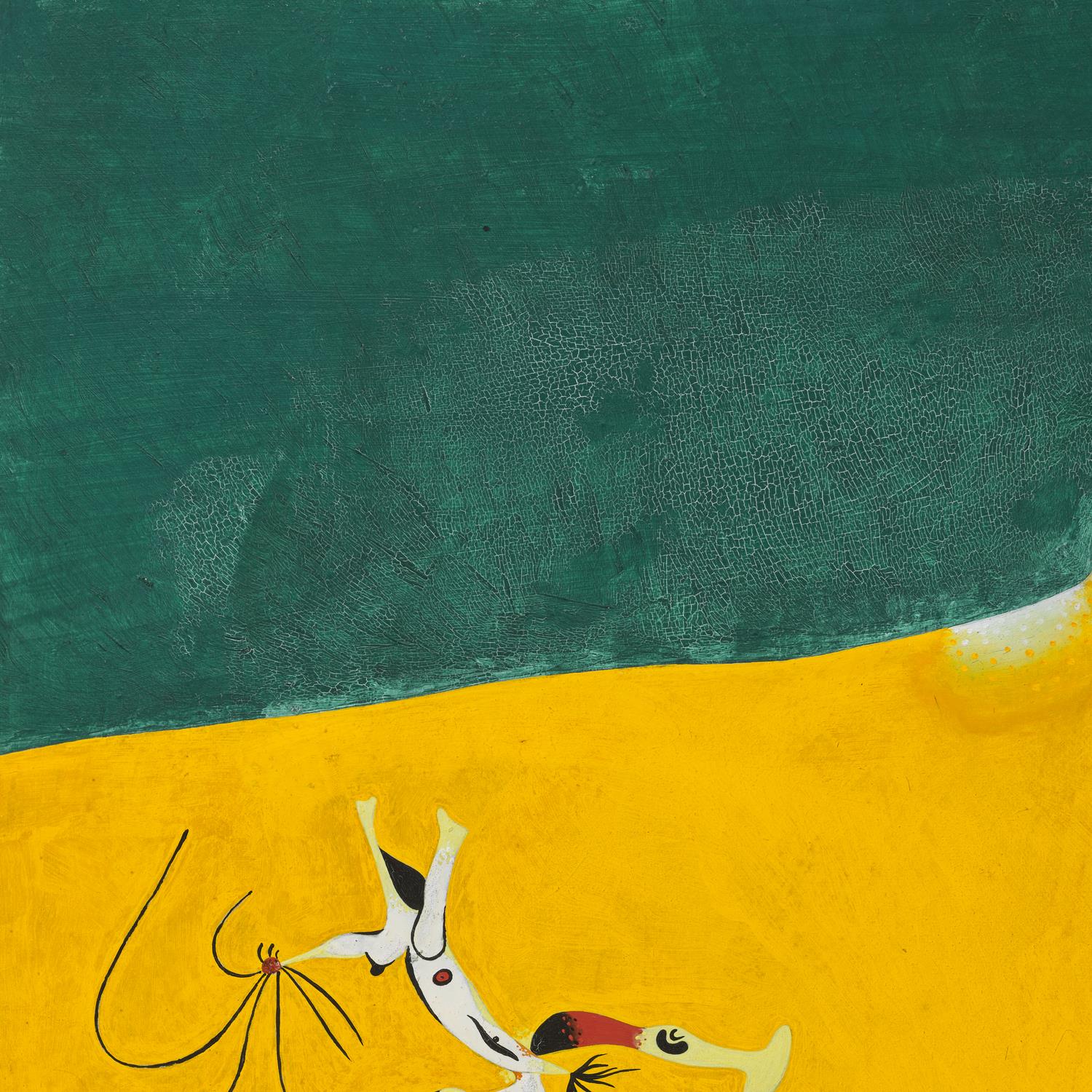 Abstract artwork with a cat and bird on a yellow and teal background