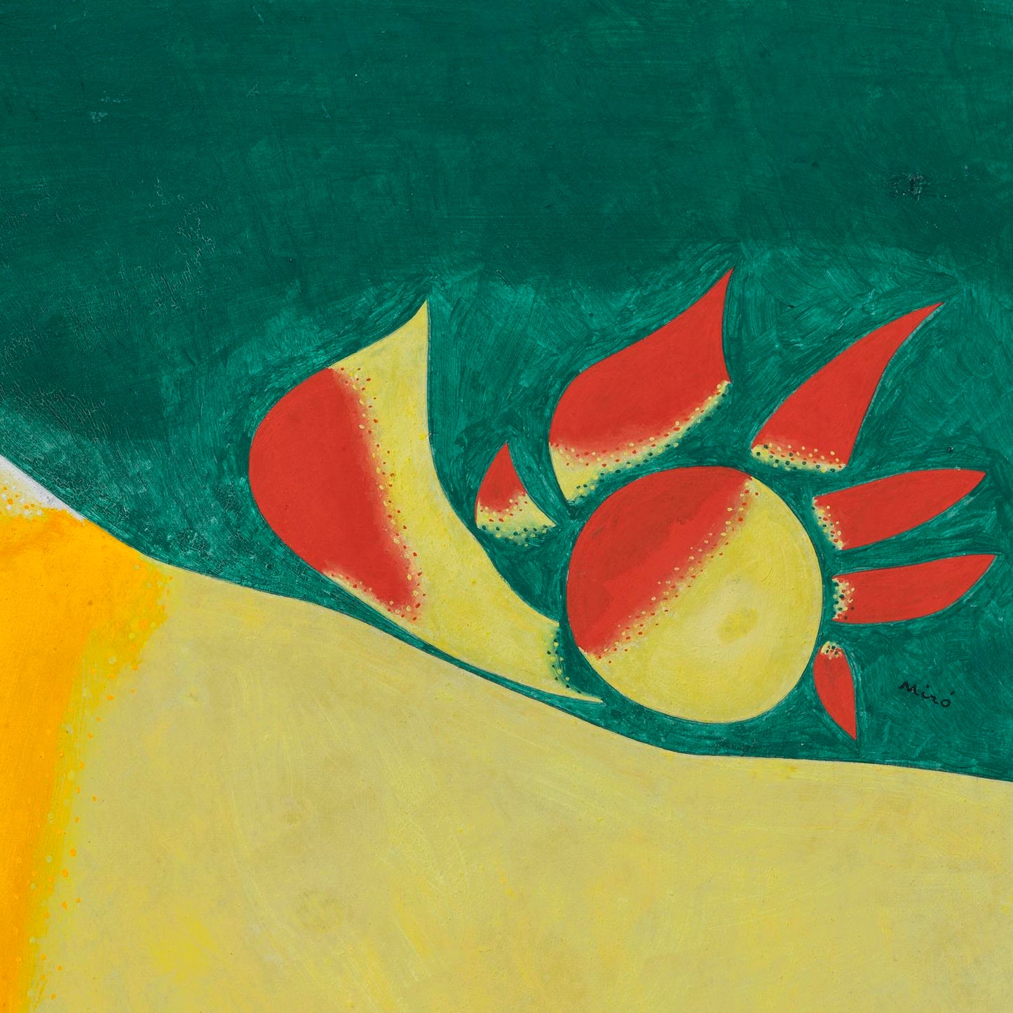 Abstract artwork with red, yellow, and green shapes on a textured background