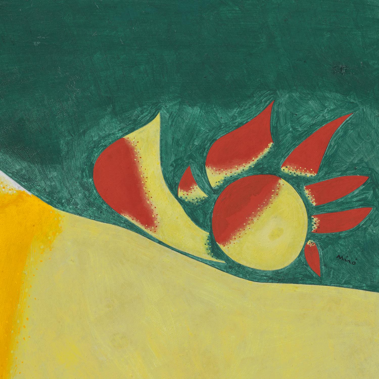 Abstract artwork with red, yellow, and green shapes on a textured background