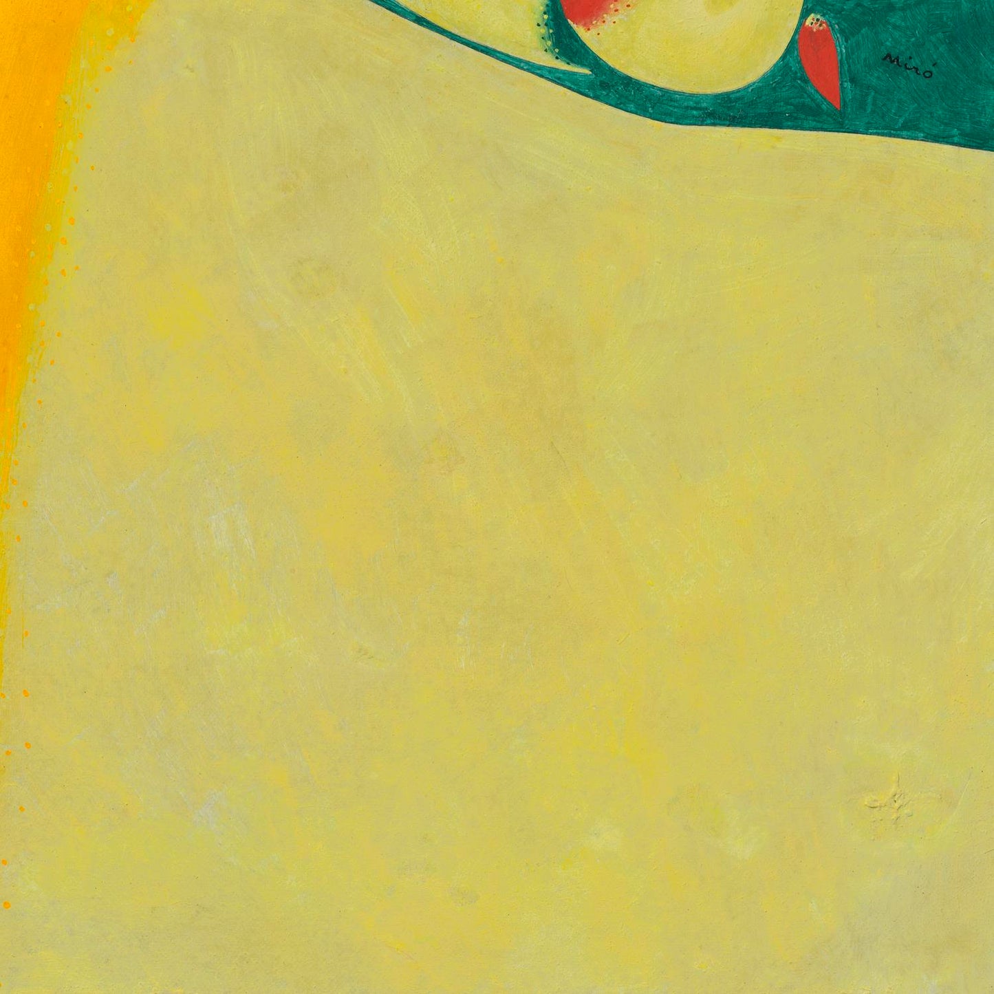 Abstract painting with a yellow background and a small red and green detail at the top right corner.