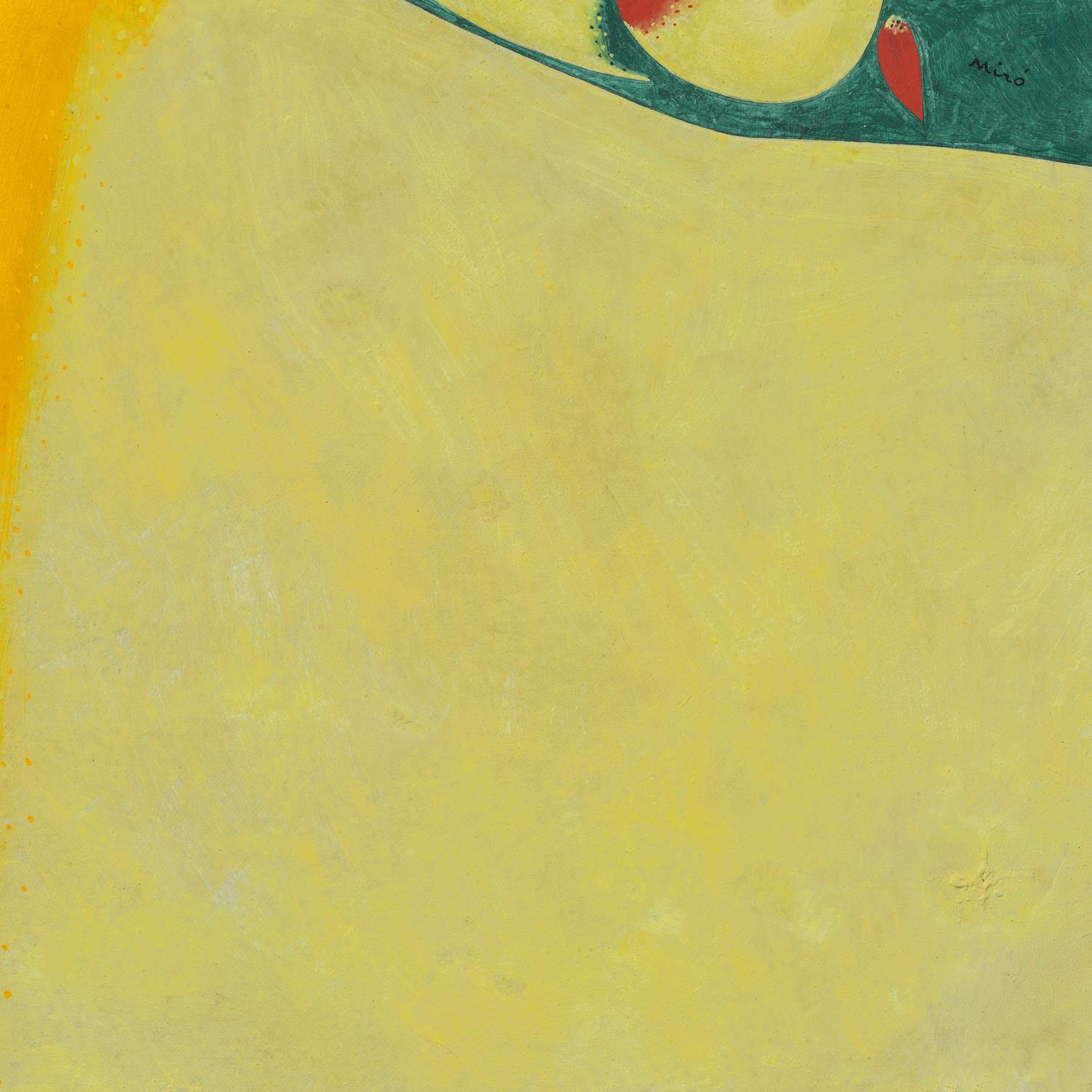 Abstract painting with a yellow background and a small red and green detail at the top right corner.