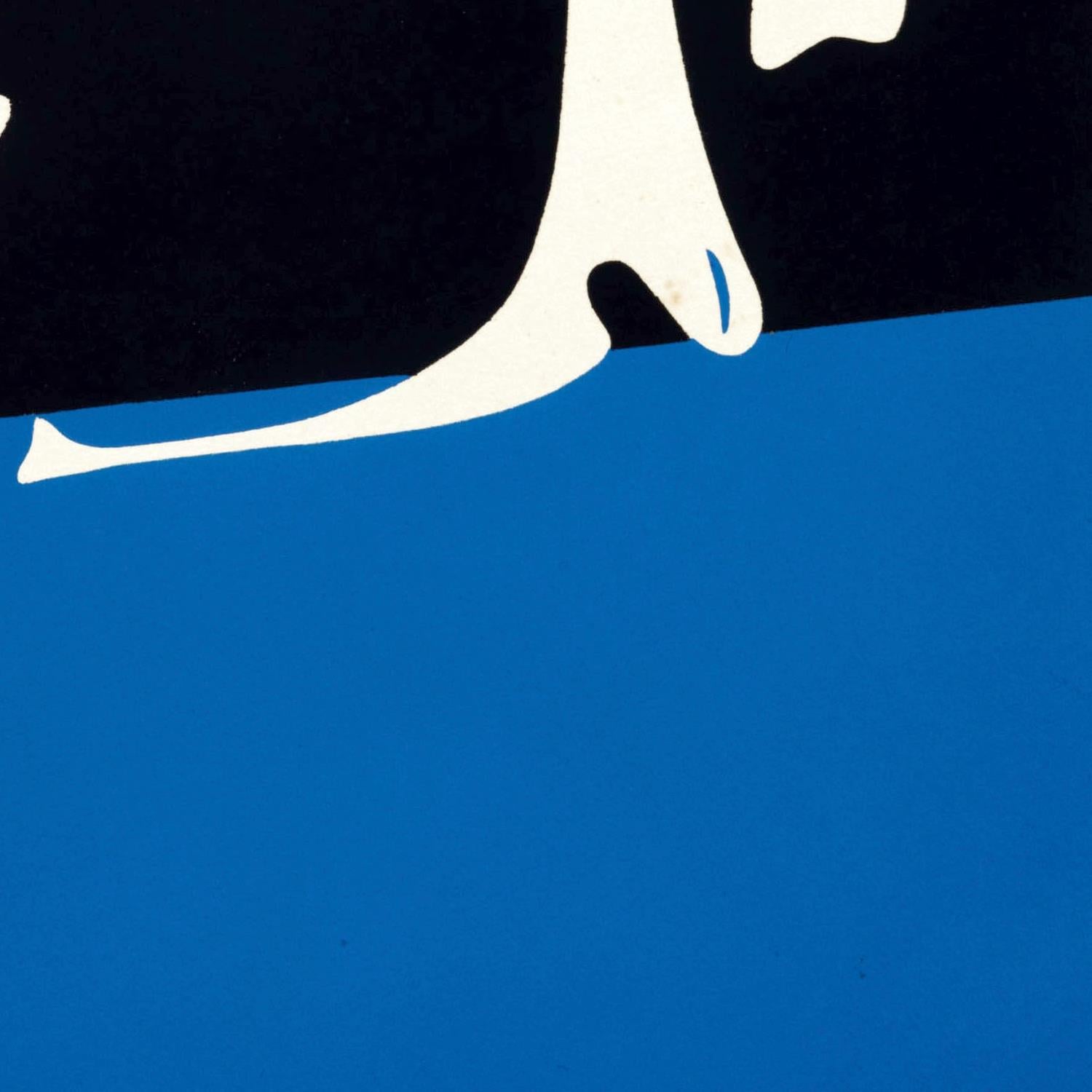 Abstract design with black, white, and blue shapes on a blue background