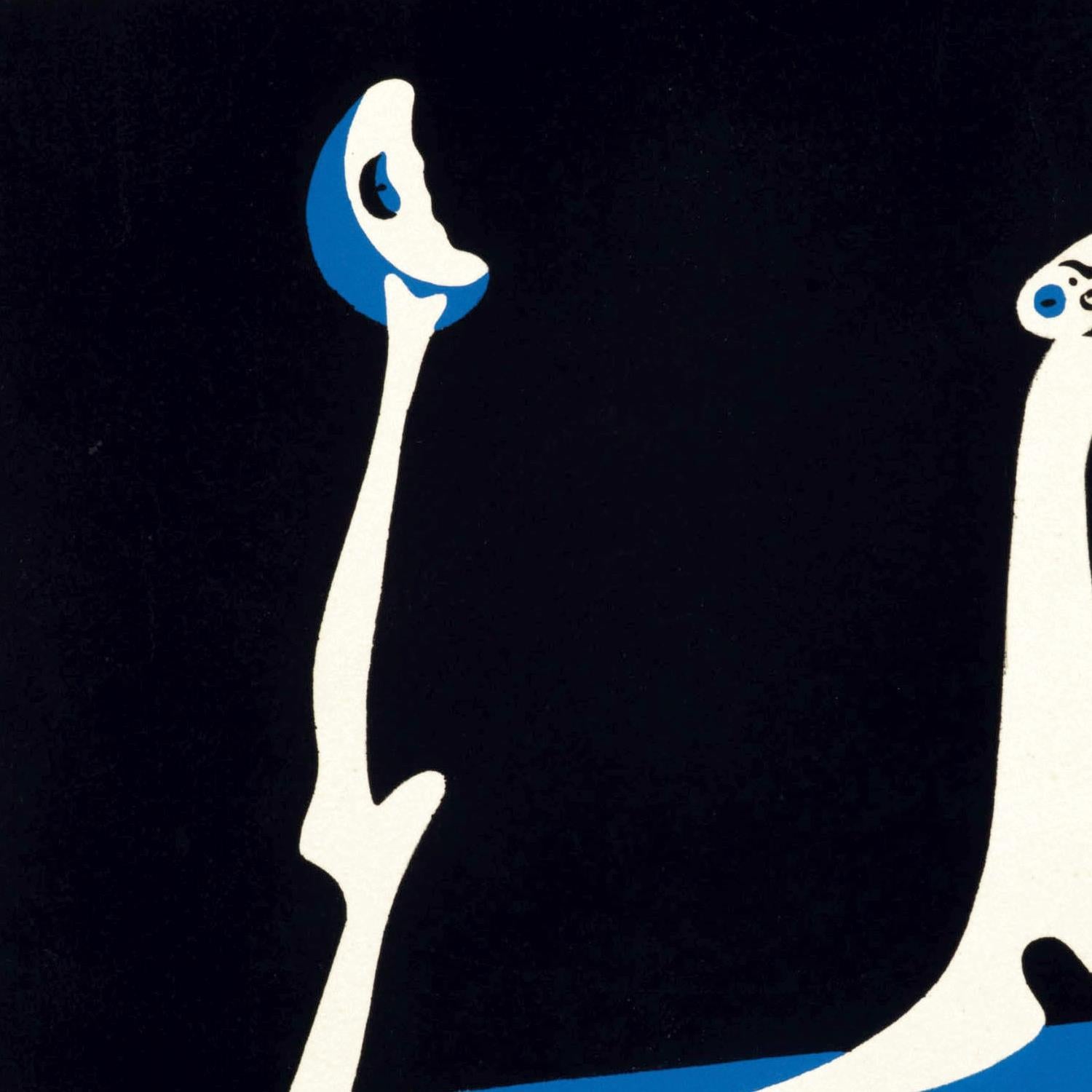 Cartoon skeleton characters with blue shoes on a black background
