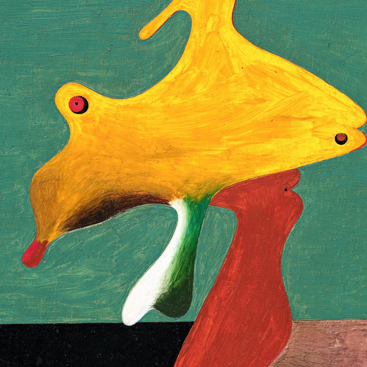 Abstract artwork with a yellow creature and red figure on a teal background